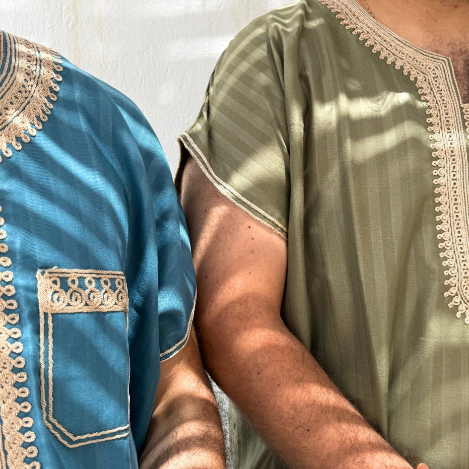 Jebba tunisienne bleu-vert brodée beige