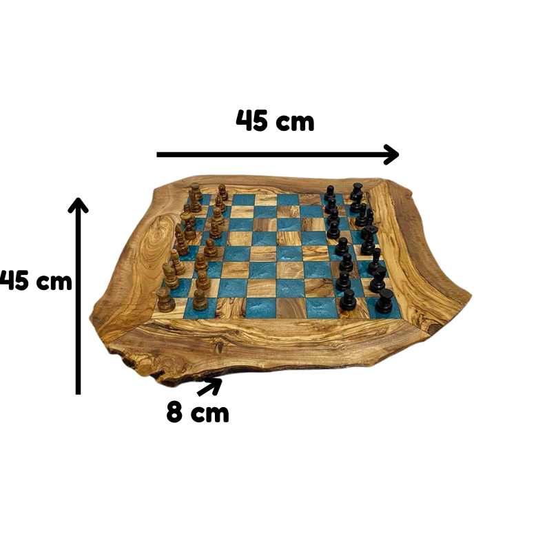 Jeu d'échecs en bois d'olivier avec pieds et tiroirs, résine intégrée