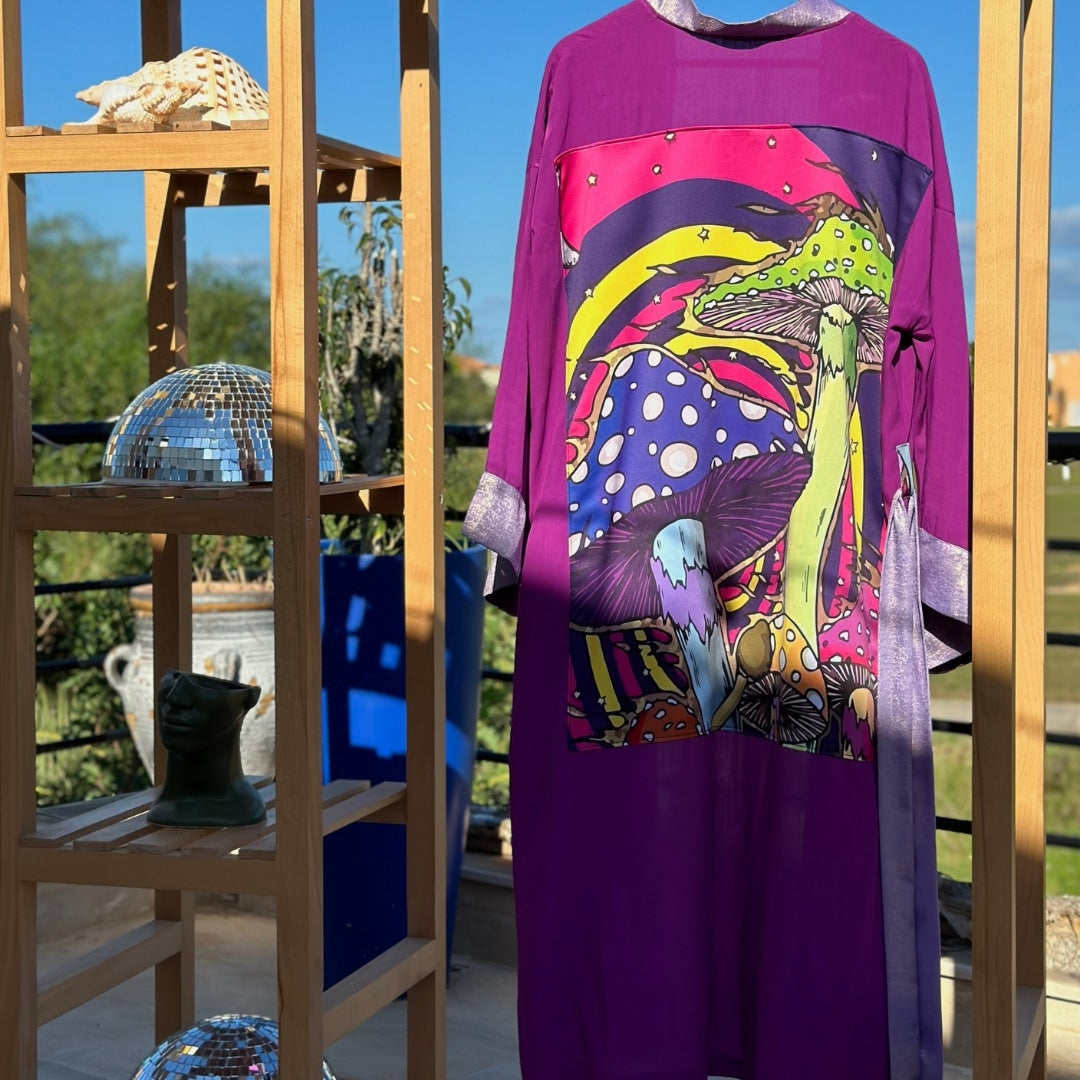 Kimono festif chic violet fait main motif "Champignons"