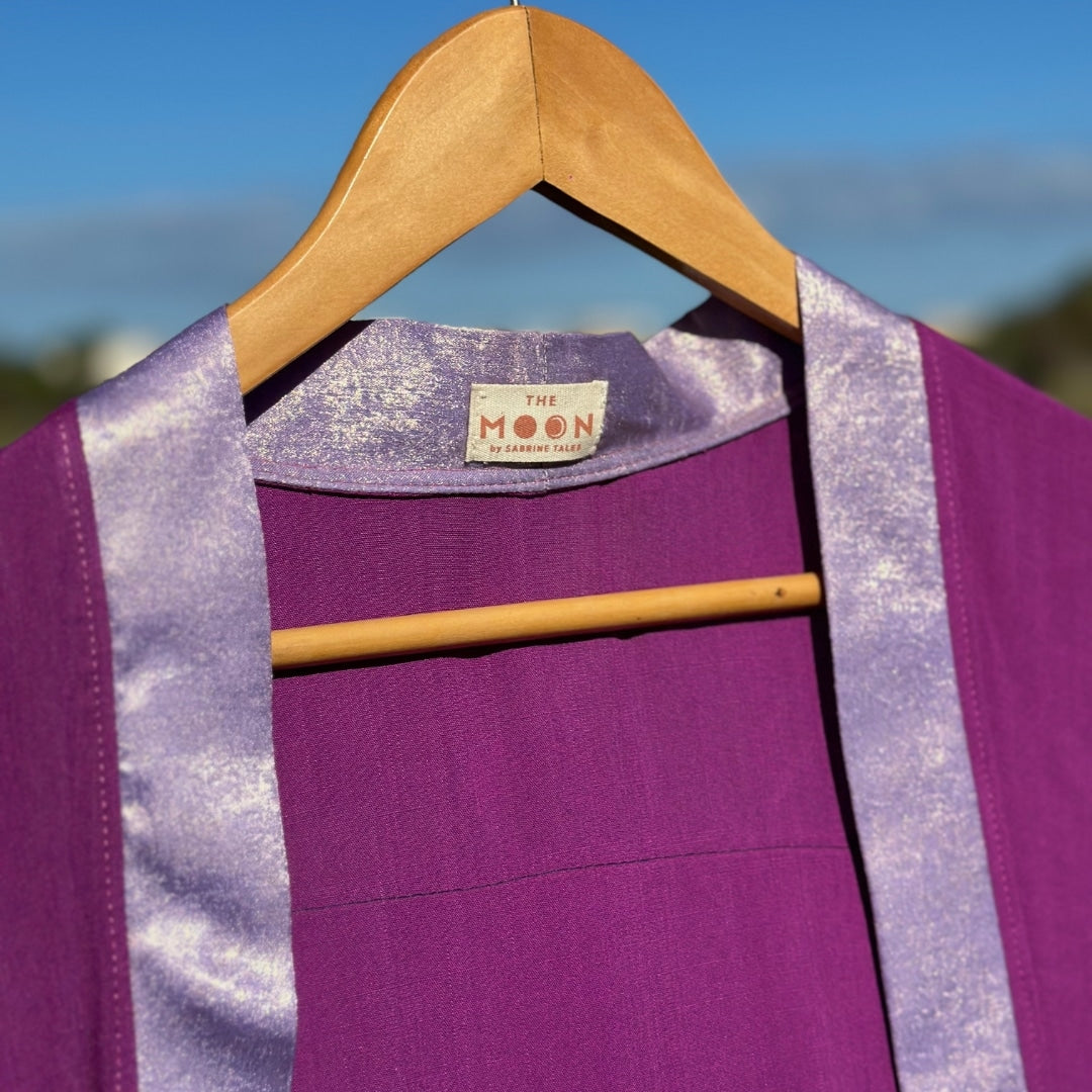 Kimono festif chic violet fait main motif "Champignons"