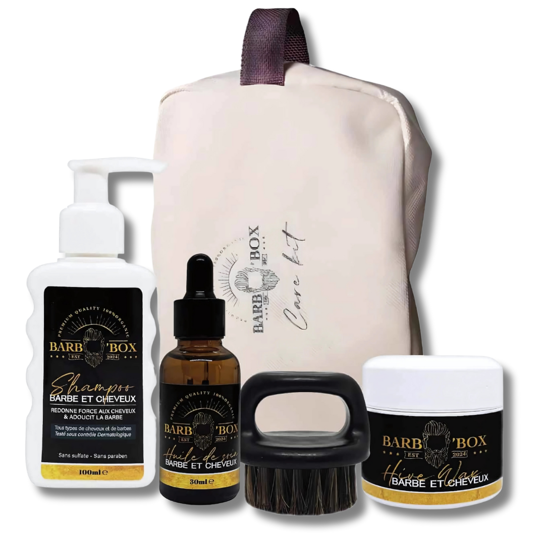 Kit de soin complet pour barbe et cheveux avec huile nourrissante, cire coiffante, shampoing doux, peigne et brosse en bois