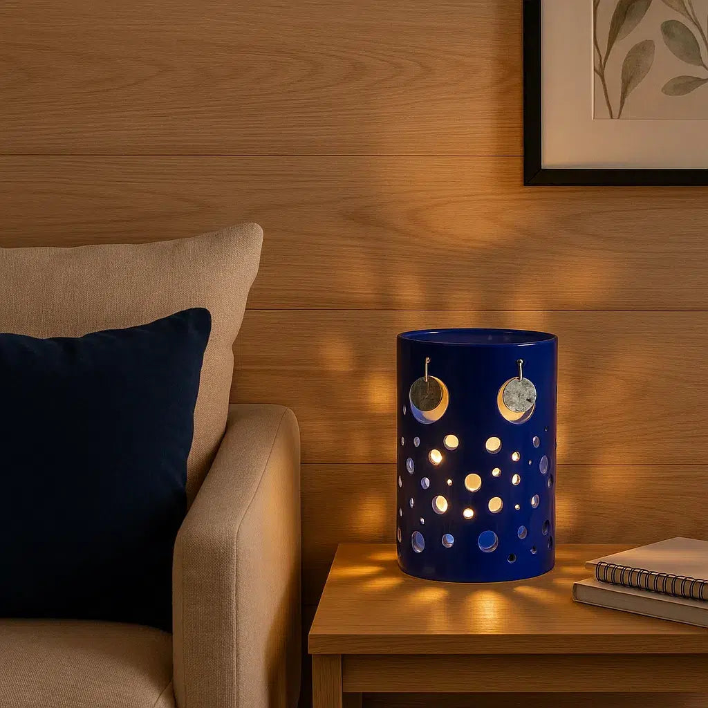 Lampe ajouré en céramique et ses médaillons en cuivre - Diamètre 15 cm, H 20 cm