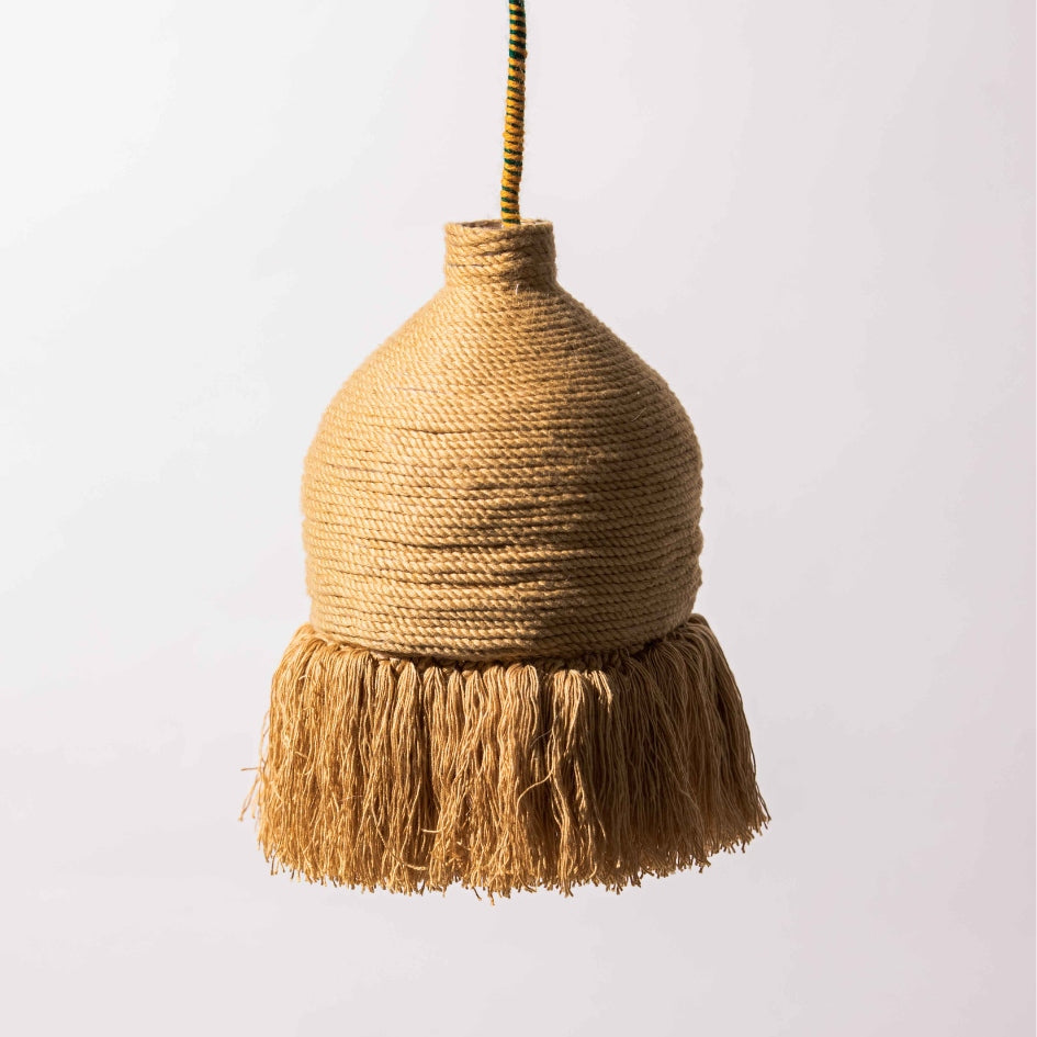 Luminaire suspension HOUCHE style bohème en tissu recyclé en beige