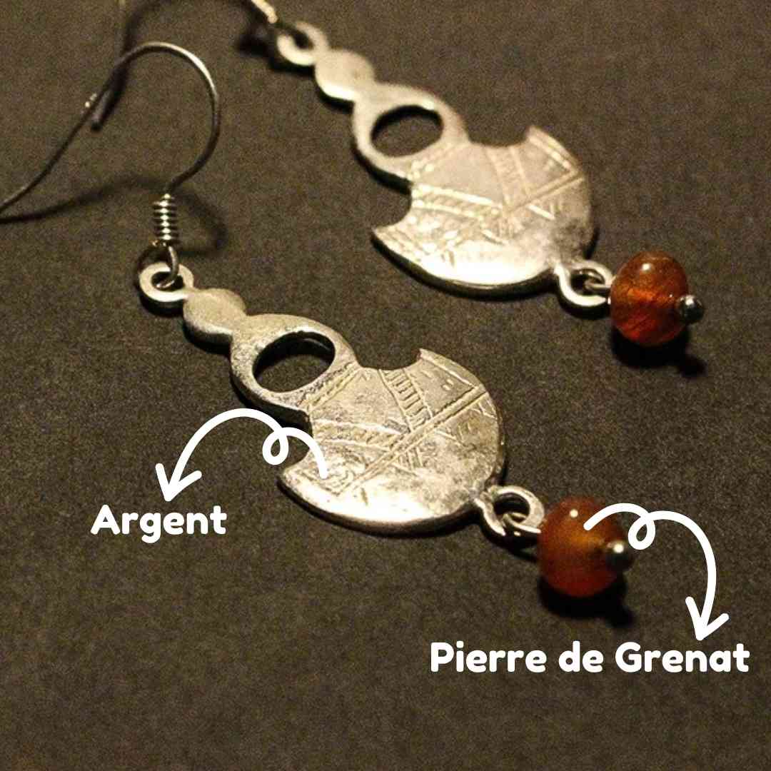 Boucles d'Oreilles Berbères en Argent et Pierre de Grenat