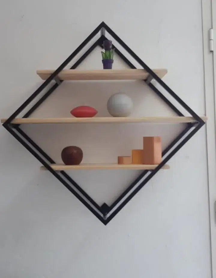 Étagère murale décorative en acier & bois de frêne – Design losange