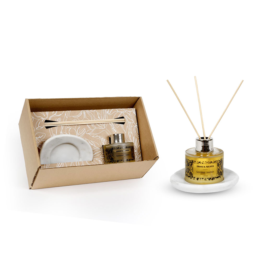 Diffuseur Marmo Jasmin à tige – senteur Jasmin Noir (5 x 7 cm) avec sous-tasse en marbre blanc