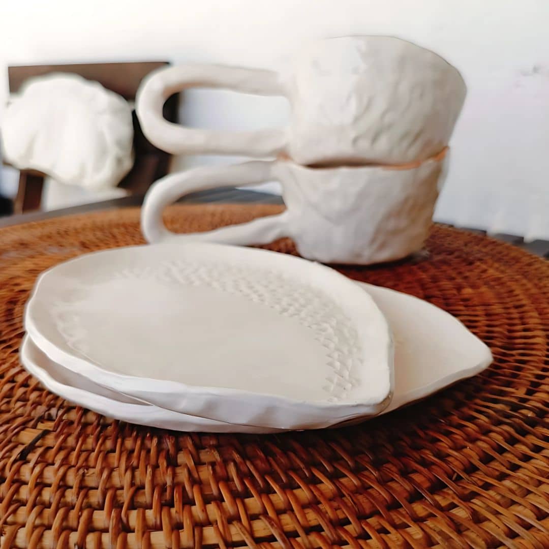 Tasse et sous-tasse en céramique – Blanc texturé (9 x 6 cm / 17 x 13 cm)