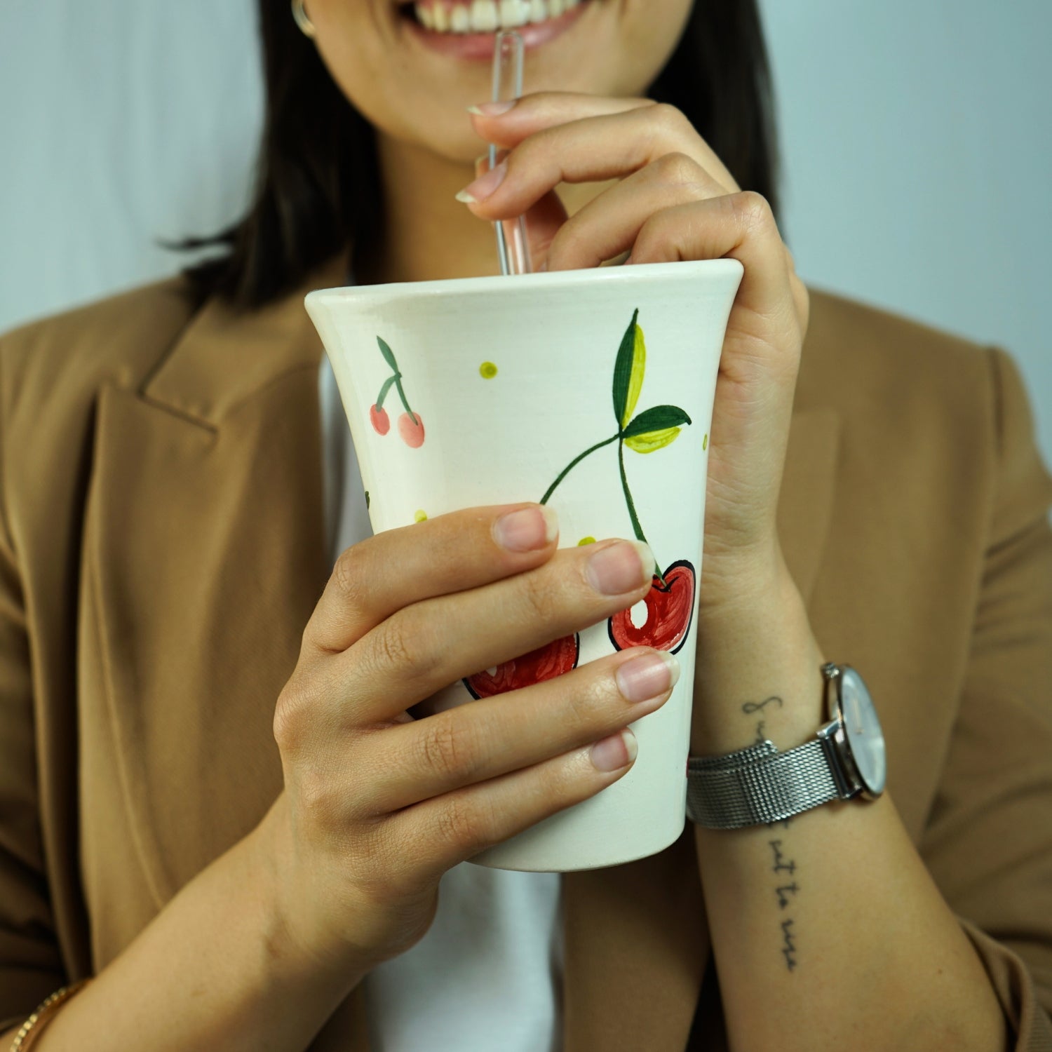Mug en Céramique avec Paille – Design Cerises