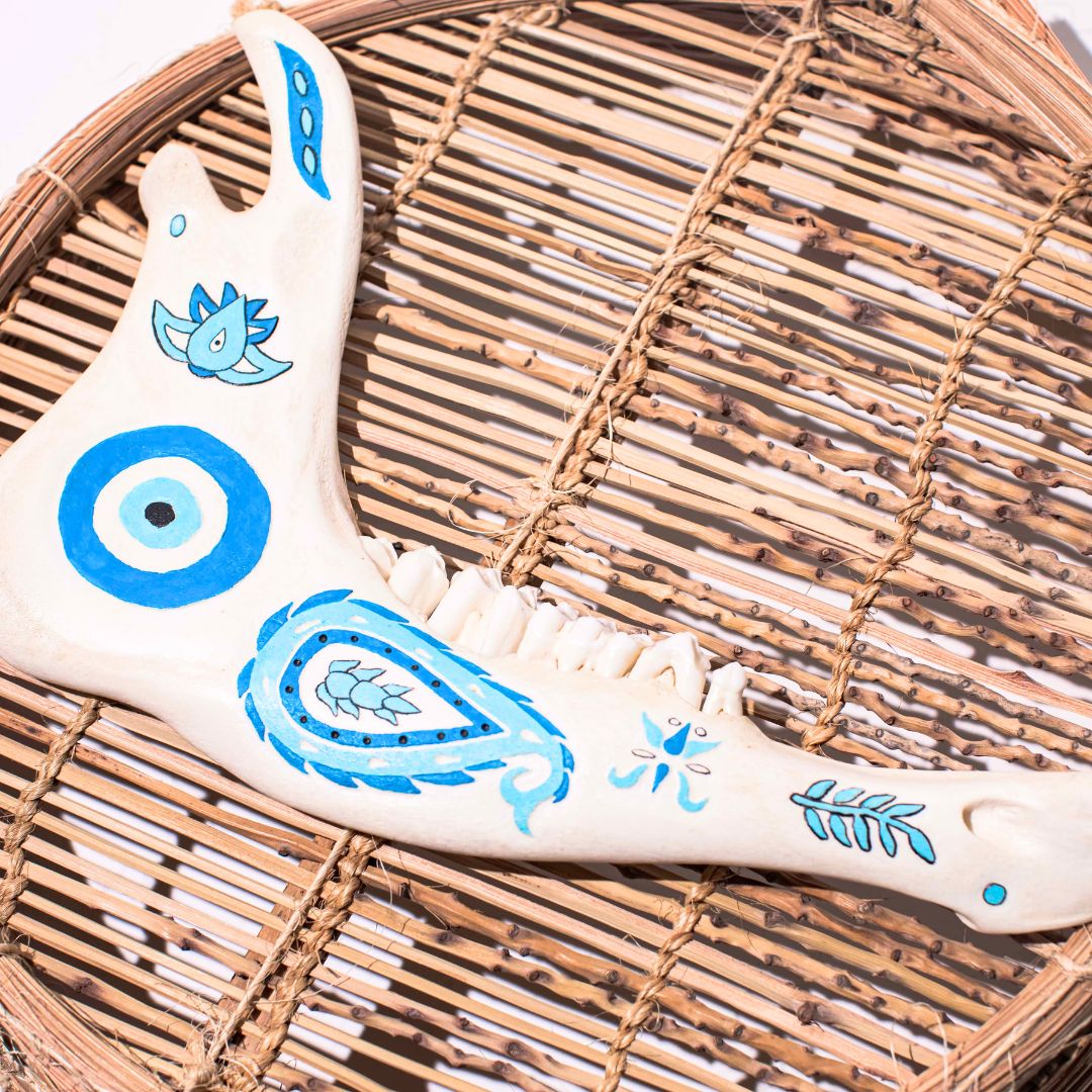 Mâchoire animale décorée bleu sur osier naturel