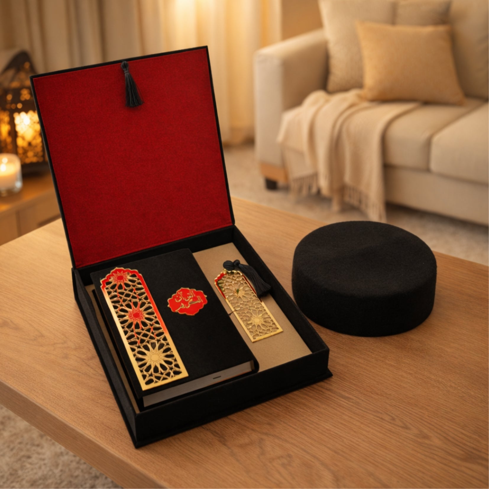 Coffret Coran noir avec marque-page à l’ambre et chechia