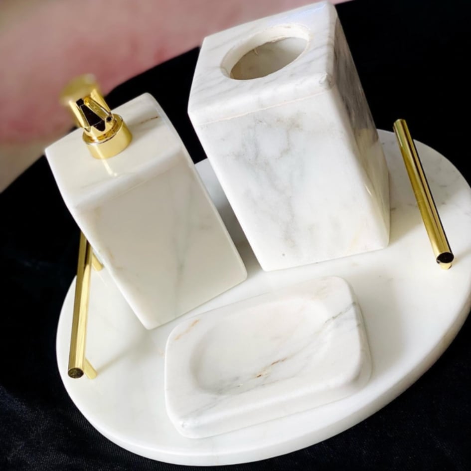 Pack salle de bain marbre blanc – 4 pièces artisanales