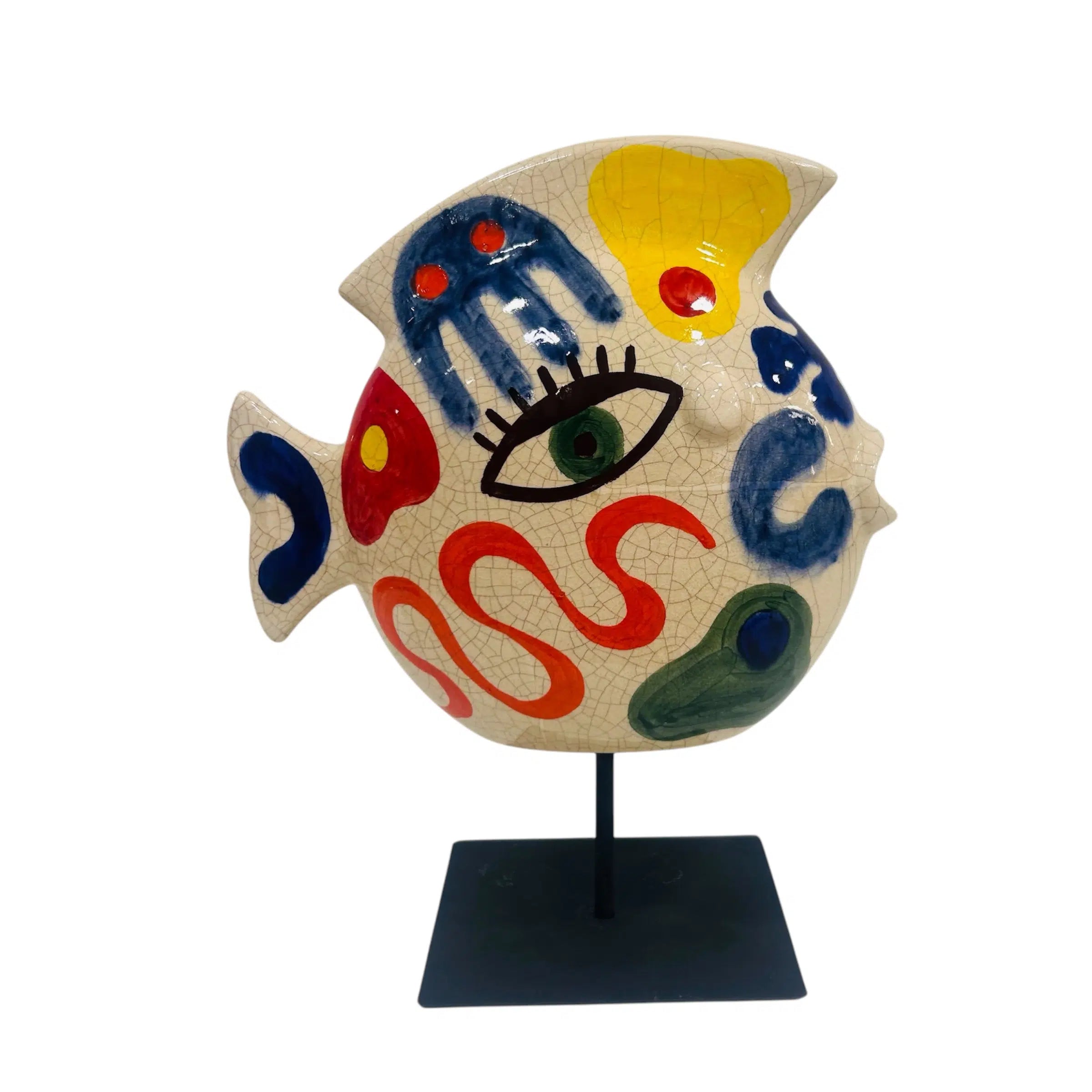 Sculpture poisson coloré en céramique sur socle métallique