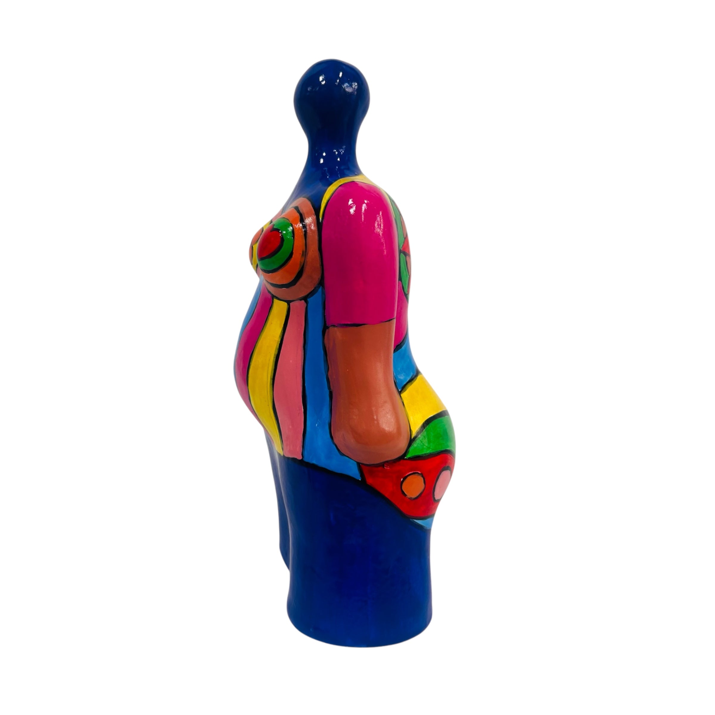 Reine de couleurs à la tête bleue, sculpture en céramique inspirée de Niki de Saint Phalle