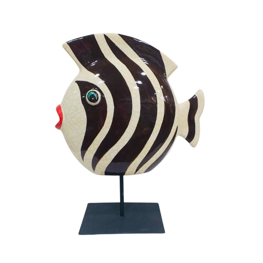 Statue décorative poisson sur socle avec rayures noires