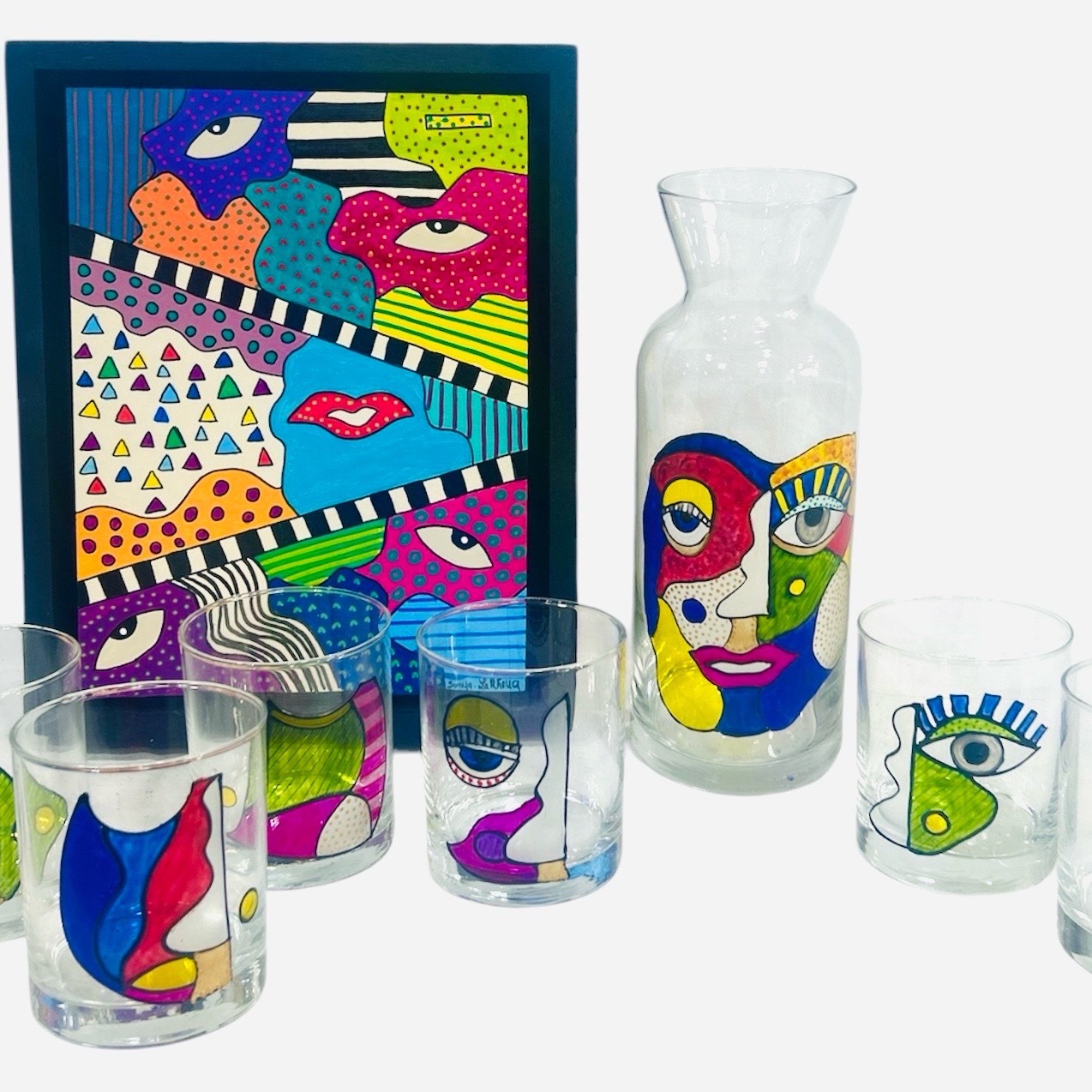 Set de 6 Verres et carafe Colorés - Visages Cubistes Modernes