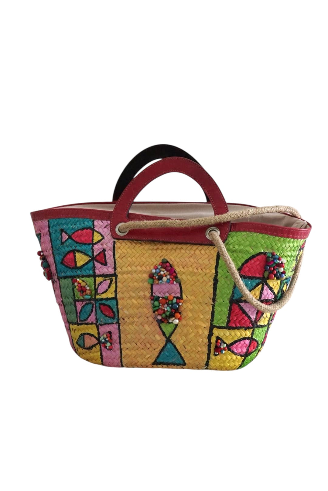 Sac couffin artisanal coloré en paille avec motifs poissons