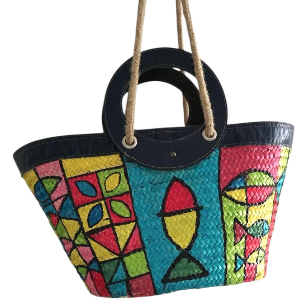 Sac couffin coloré avec anses en cuir bleu