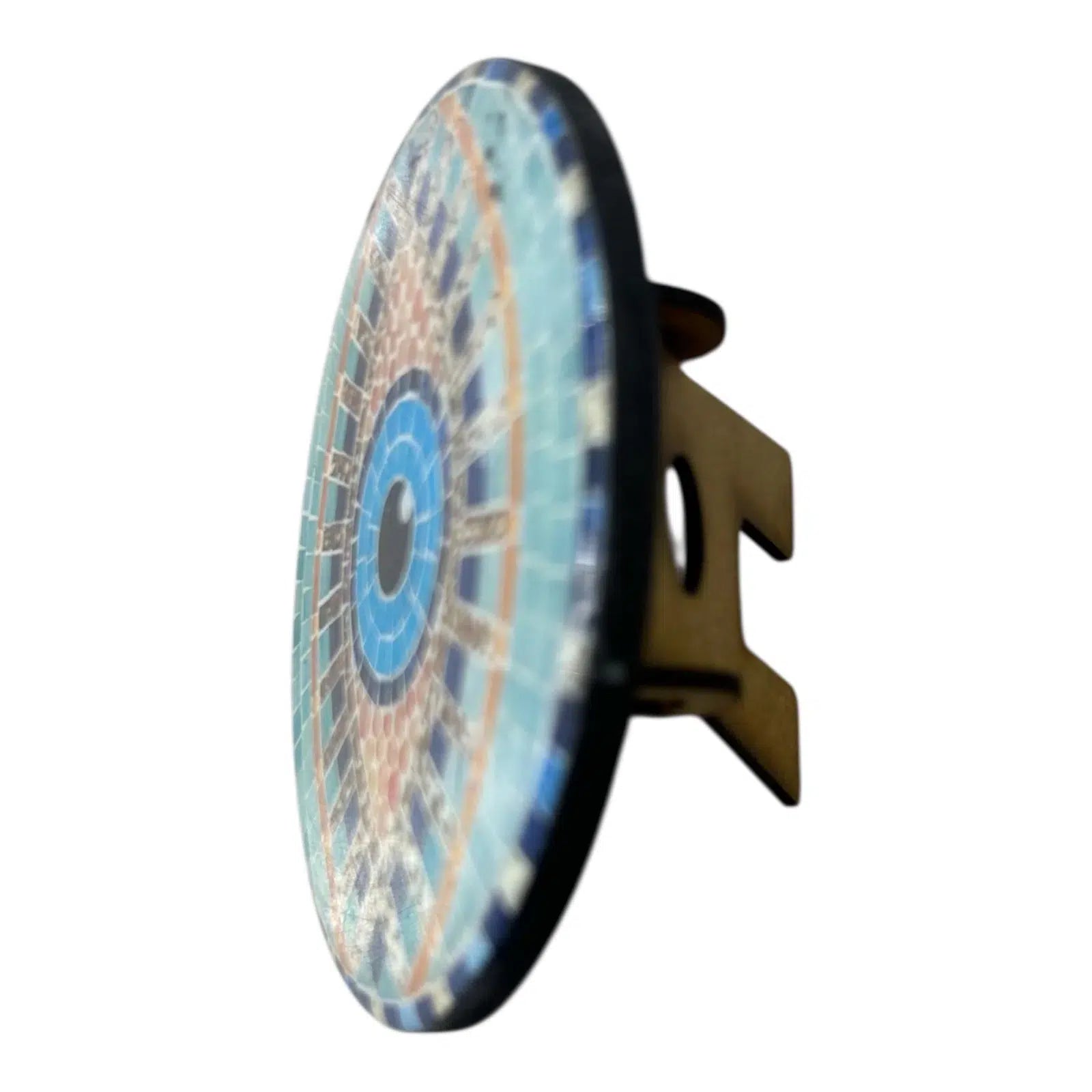 Bouton œil bleu protecteur en bois avec revêtement en papier peint design mosaïque