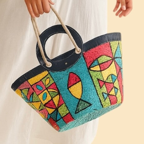 Sac couffin coloré avec anses en cuir bleu