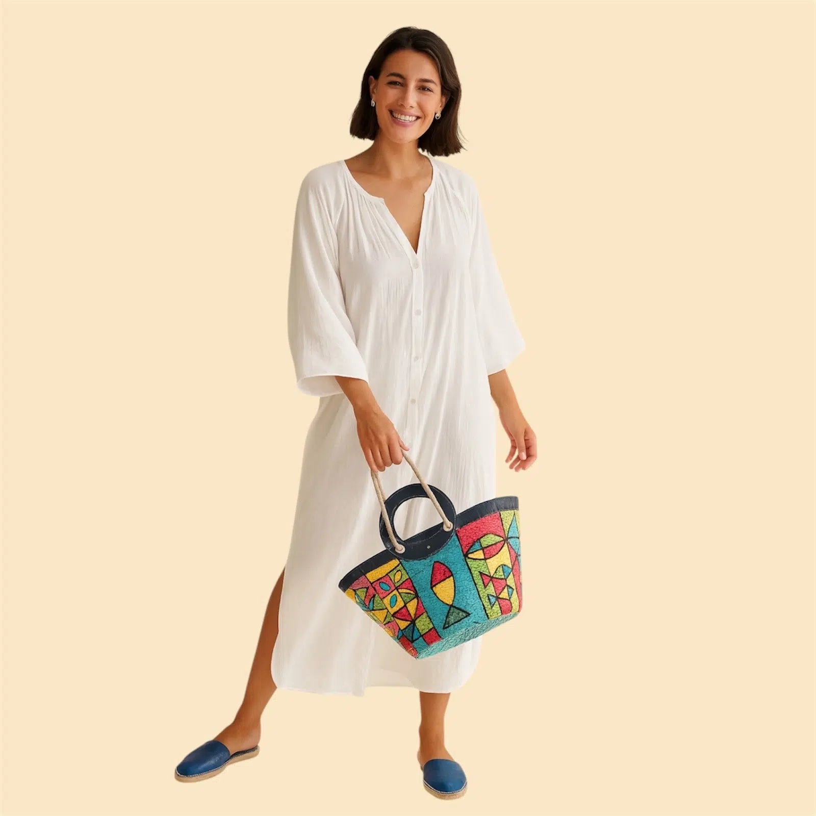 Sac couffin coloré avec anses en cuir bleu
