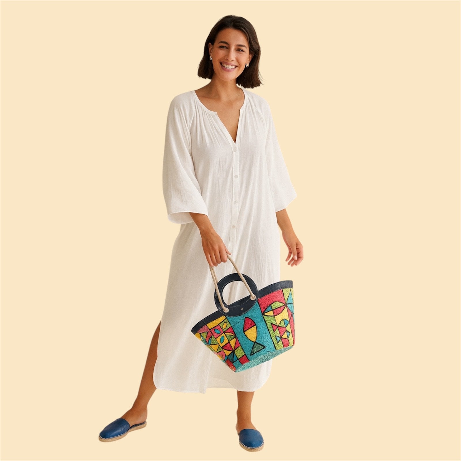 Sac couffin coloré avec anses en cuir bleu