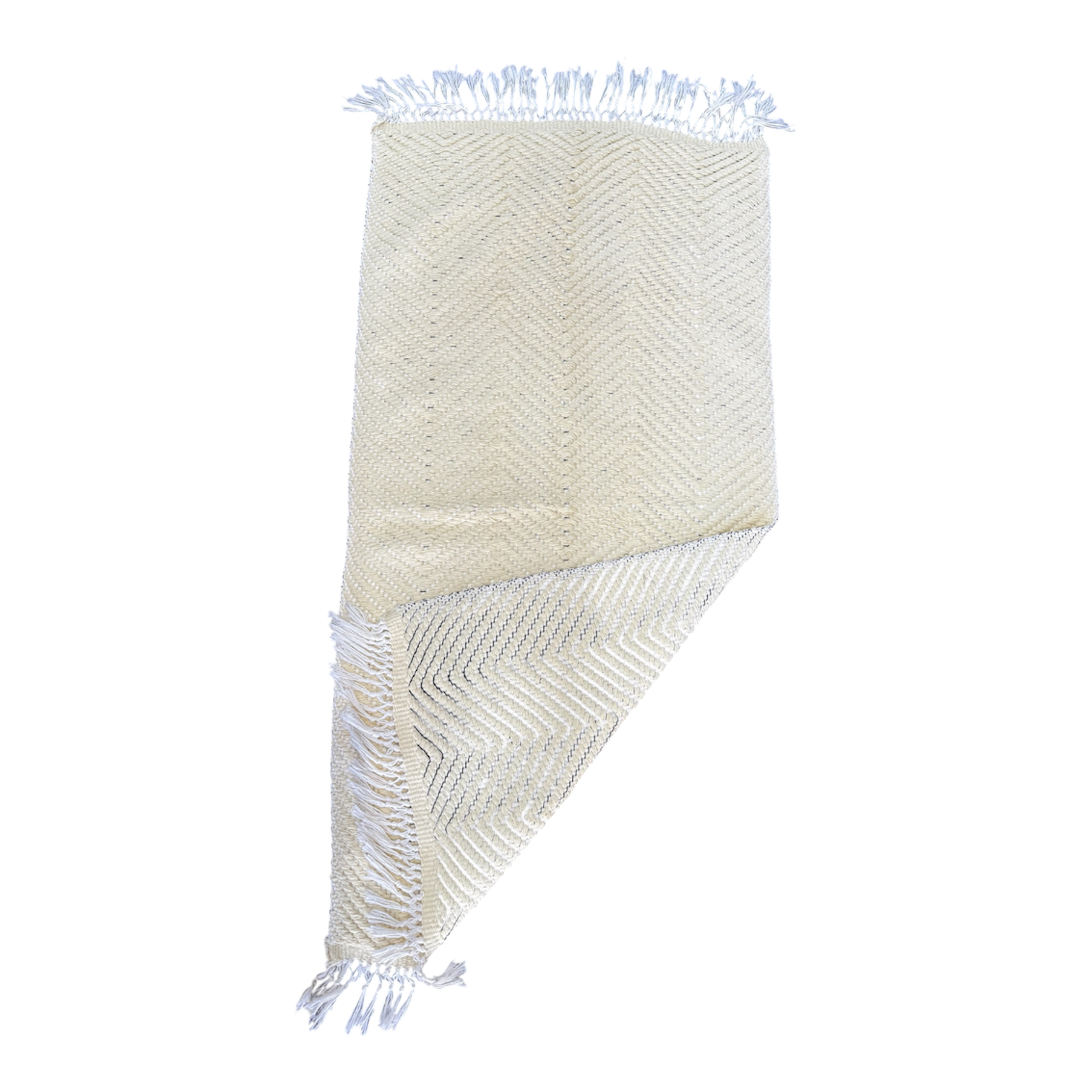 Tapis / Descente de lit réversible en laine coté beige et côté bleu et beige – 75 x 115 cm