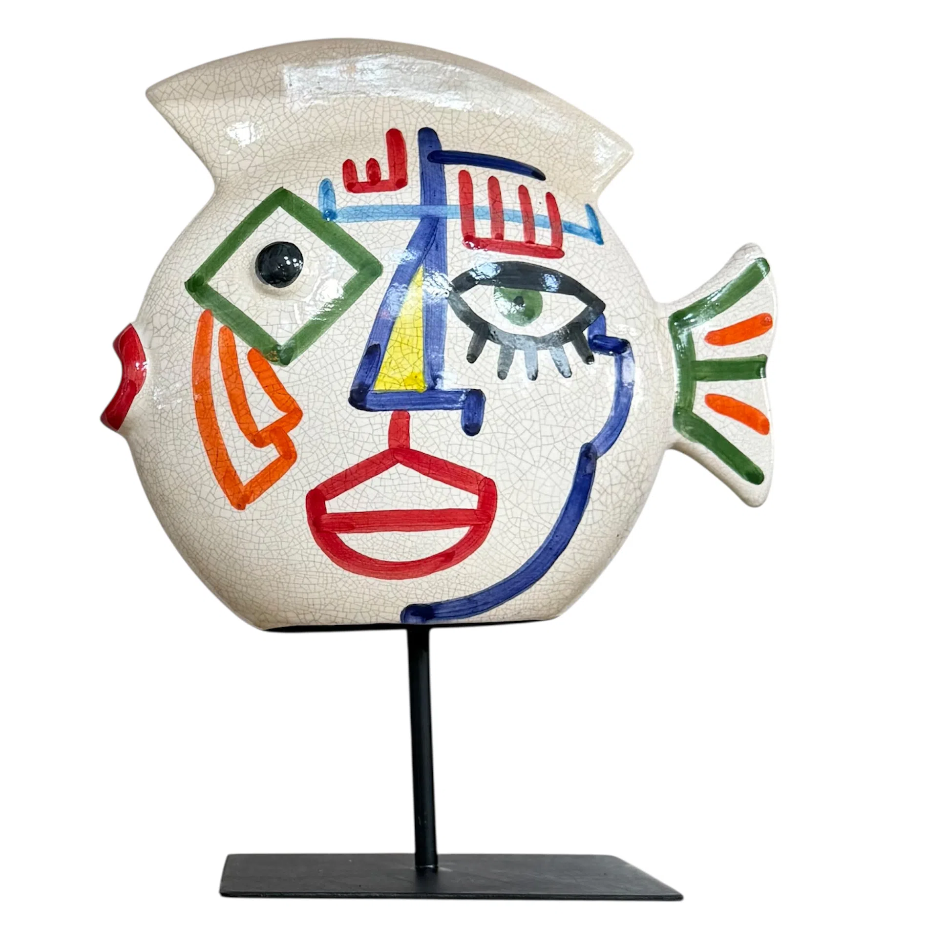 Sculpture poisson visage en céramique sur socle métallique
