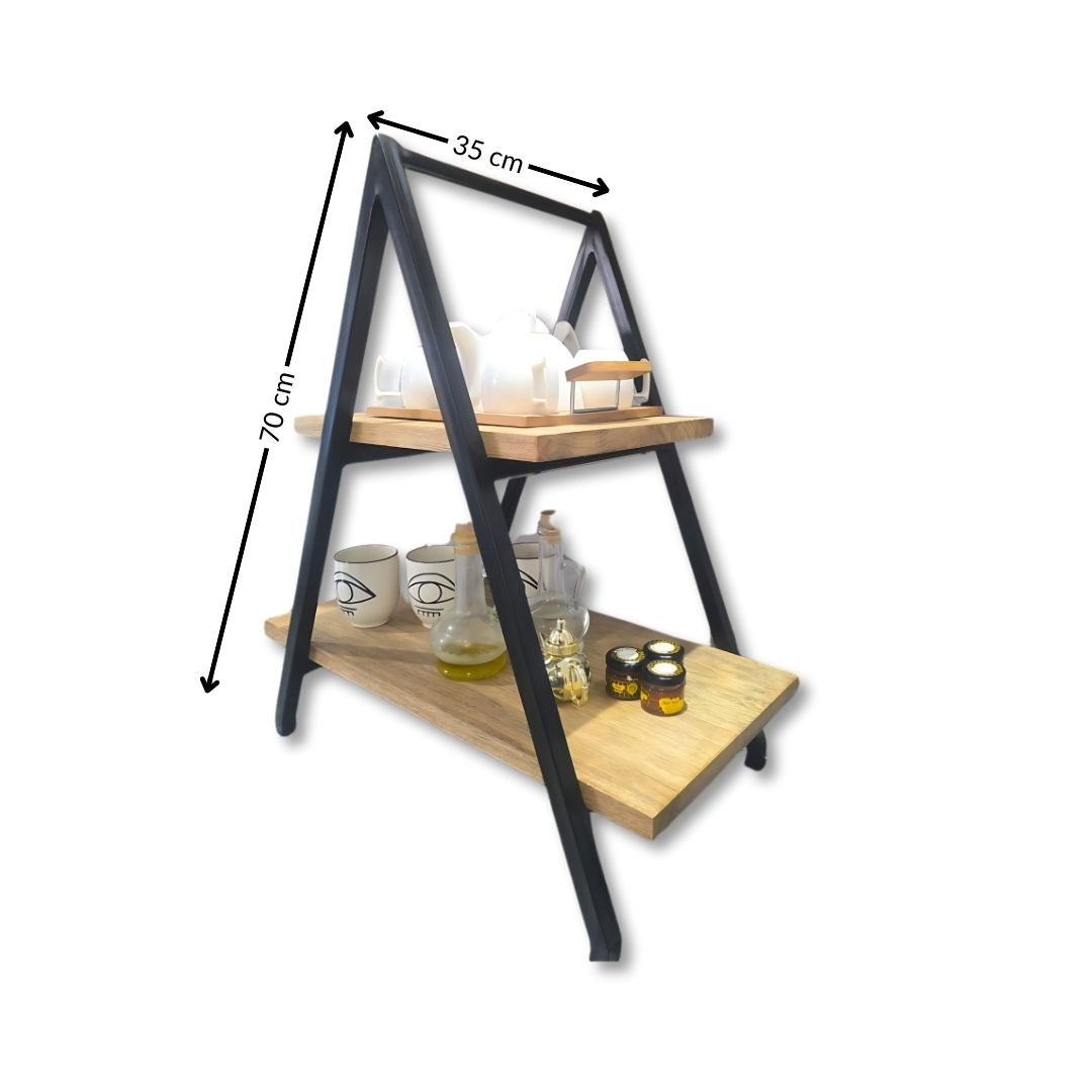 Présentoire buffet pyramide à deux étages en bois fraké et acier noir (70x50cm)