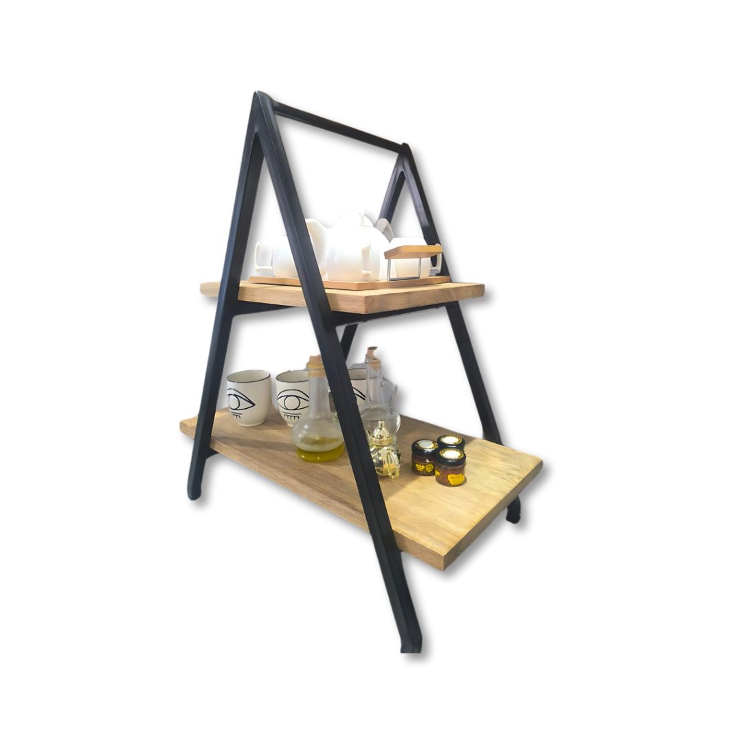 Présentoire buffet pyramide à deux étages en bois fraké et acier noir (70x50cm)