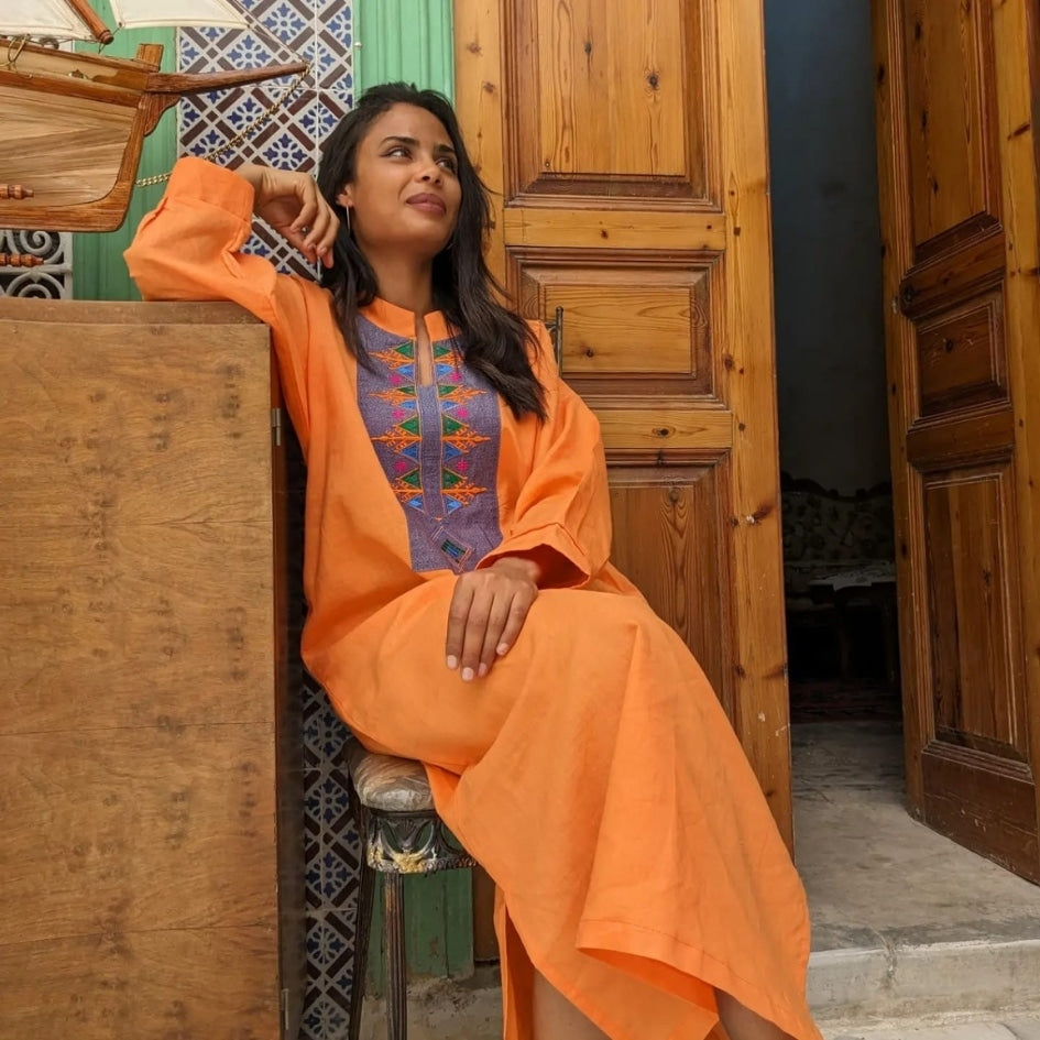 Robe longue Orangé Jebba Tunisienne - artisanat Tunisien fait main | ILEYCOM