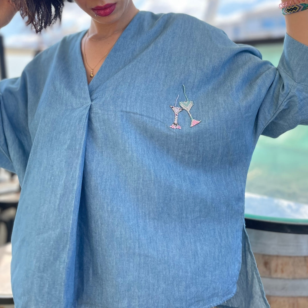 Chemise SMILE en denim léger avec strass, pièce unique en Taille M