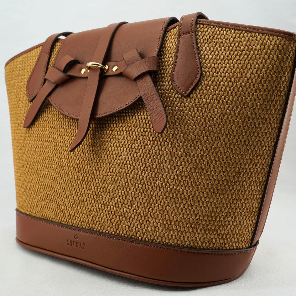 Sac cabas Cavaliero en fibres naturelles cuir marron