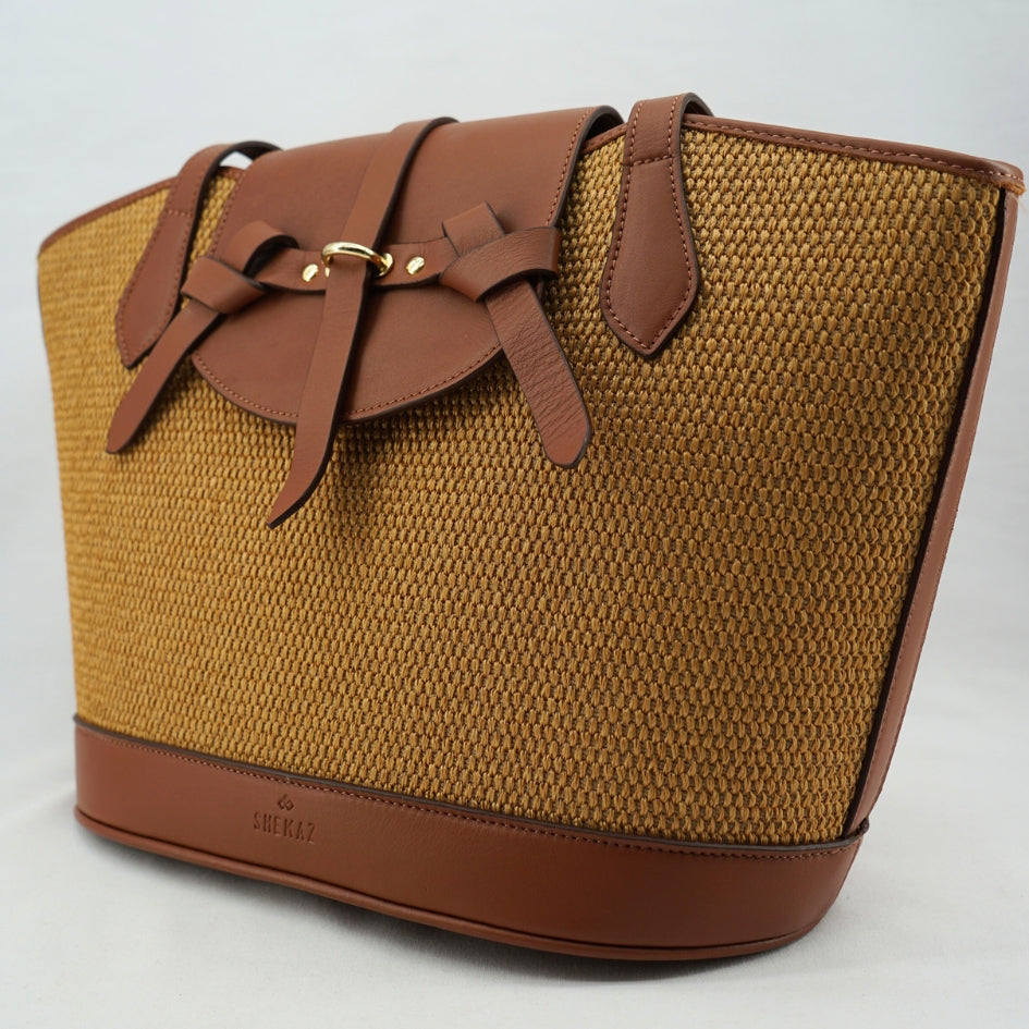 Sac cabas Cavaliero en fibres naturelles cuir marron