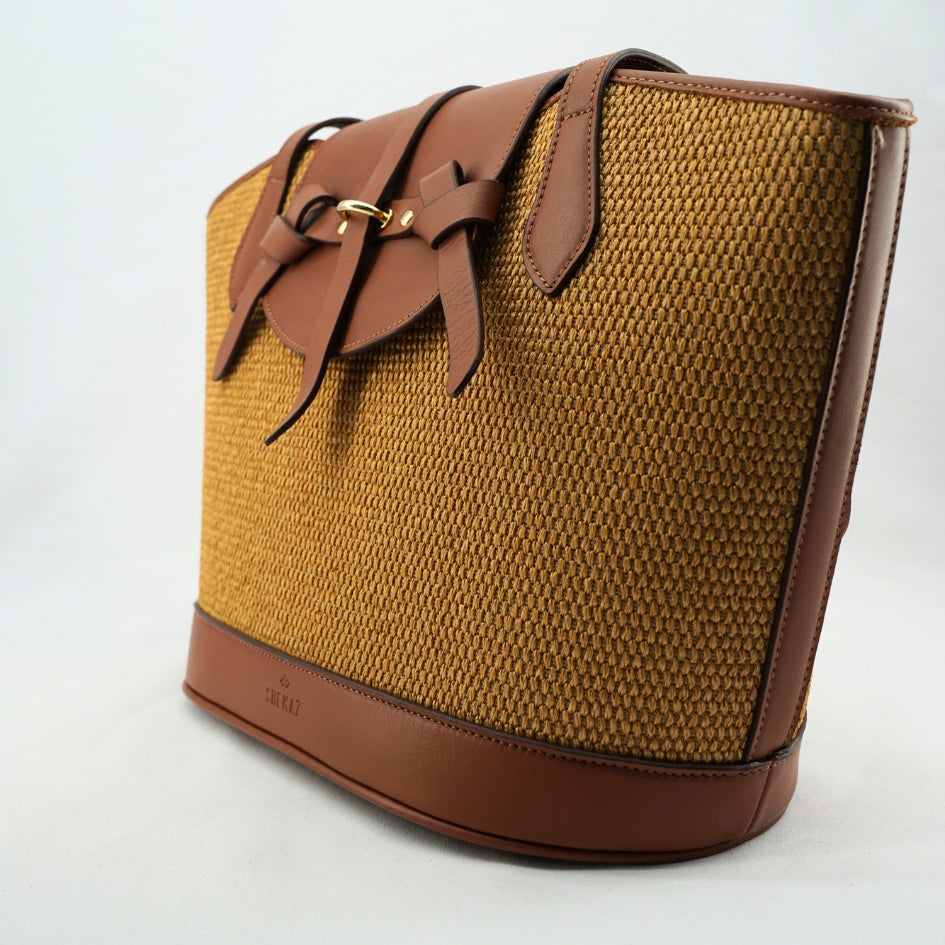 Sac cabas Cavaliero en fibres naturelles cuir marron