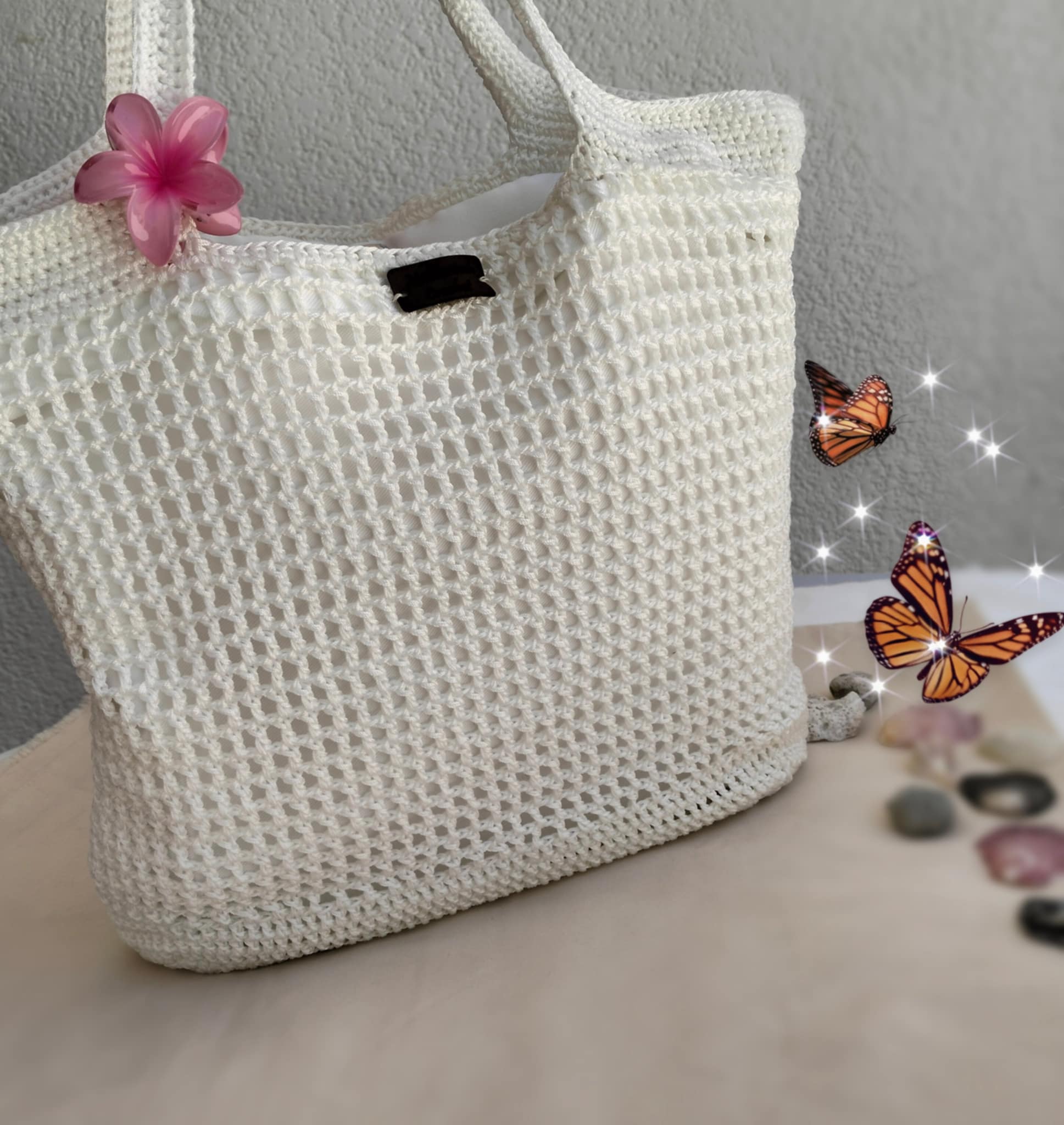 Sac de Plage Crochet Blanc Fil de Soie Fait Main