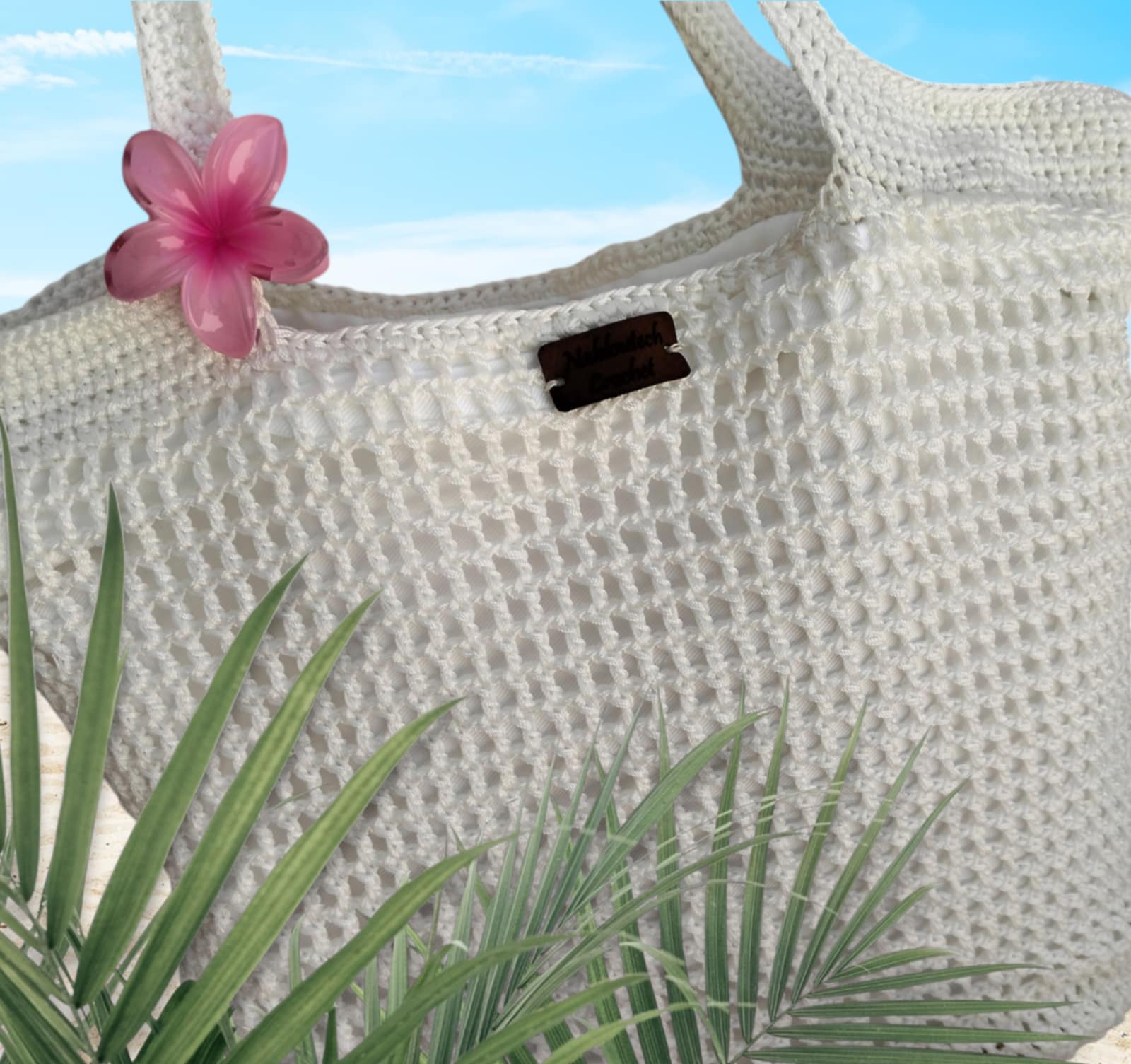 Sac de Plage Crochet Blanc Fil de Soie Fait Main