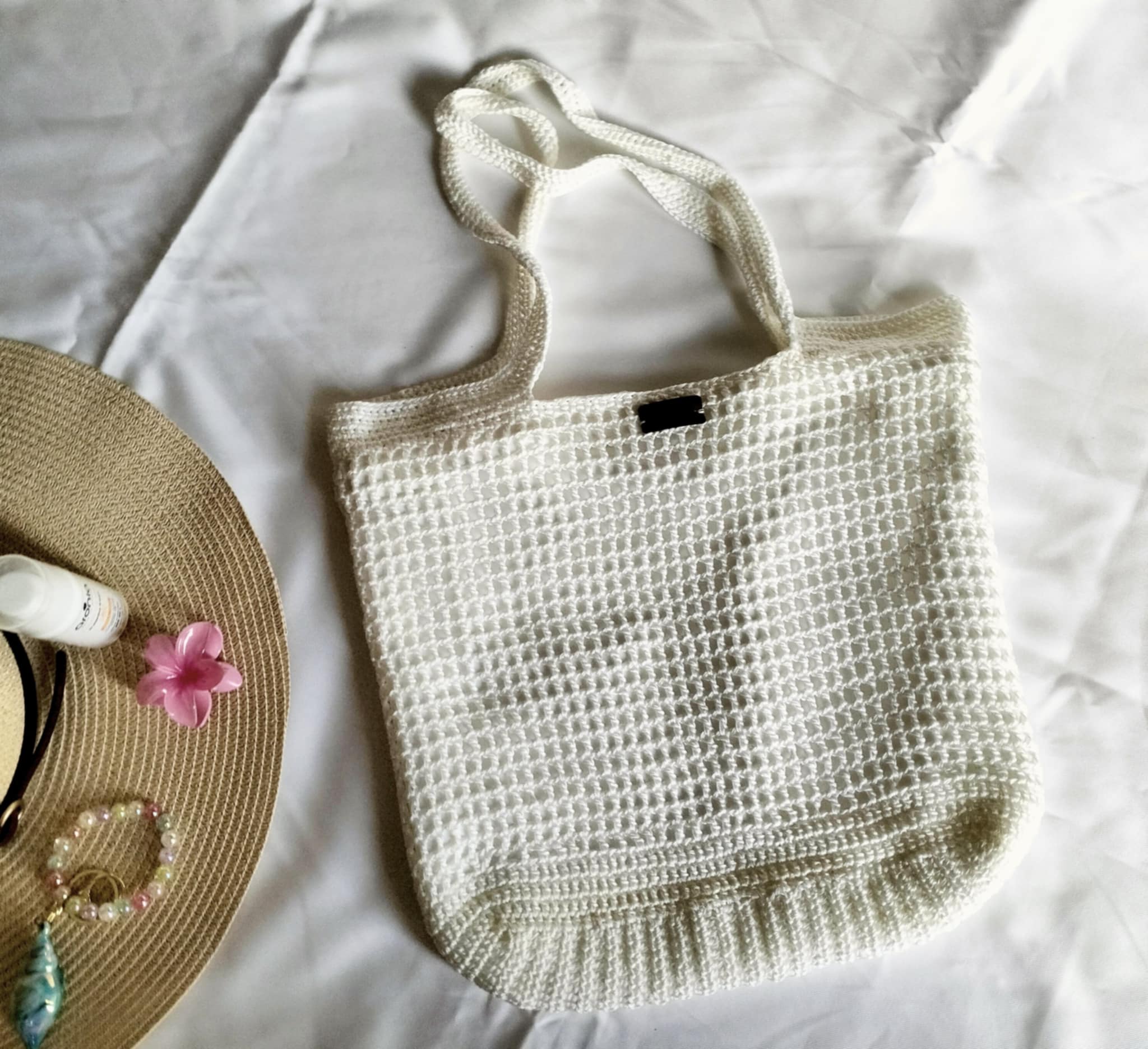 Sac de Plage Crochet Blanc Fil de Soie Fait Main
