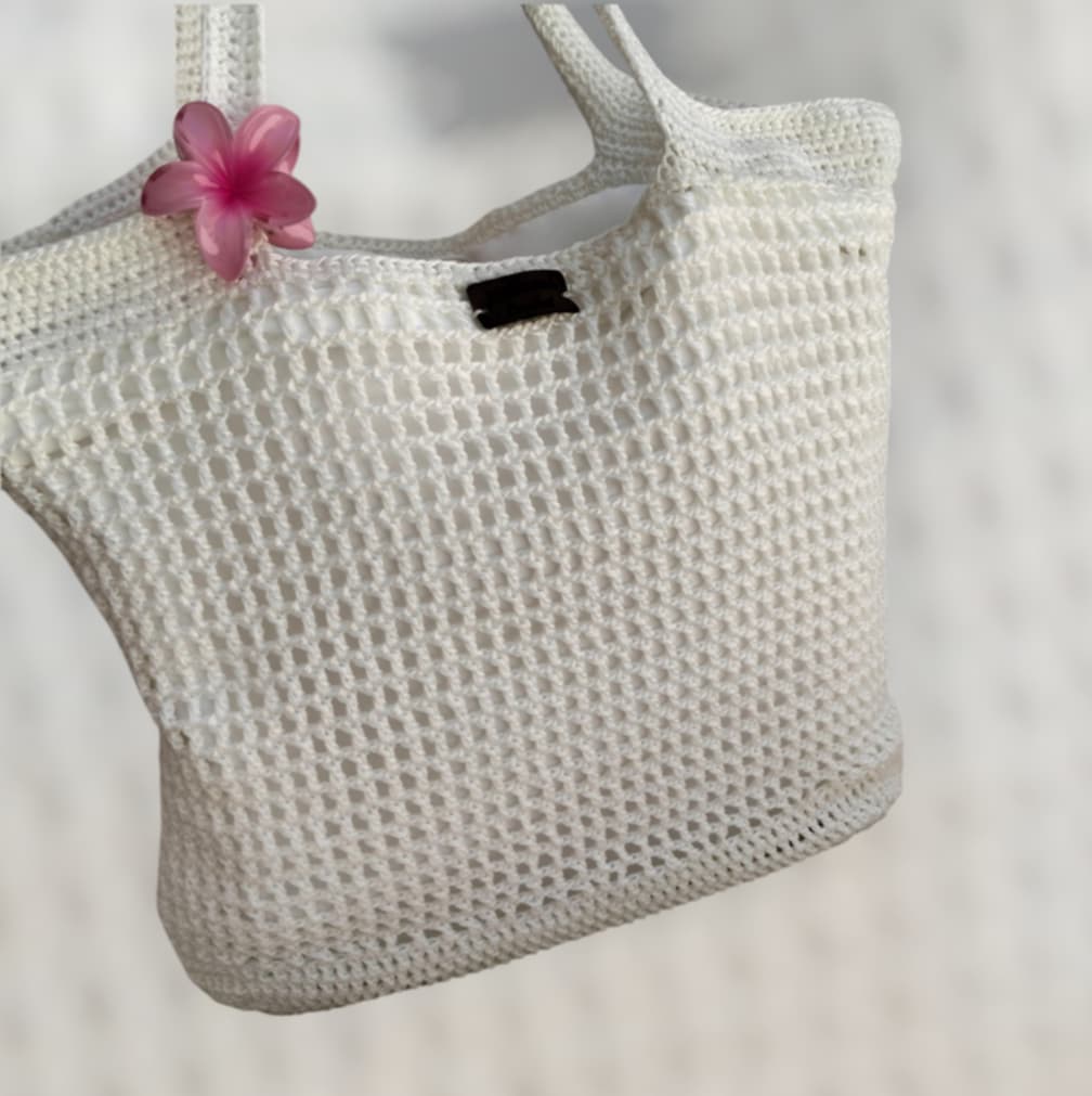 Sac de Plage Crochet Blanc Fil de Soie Fait Main