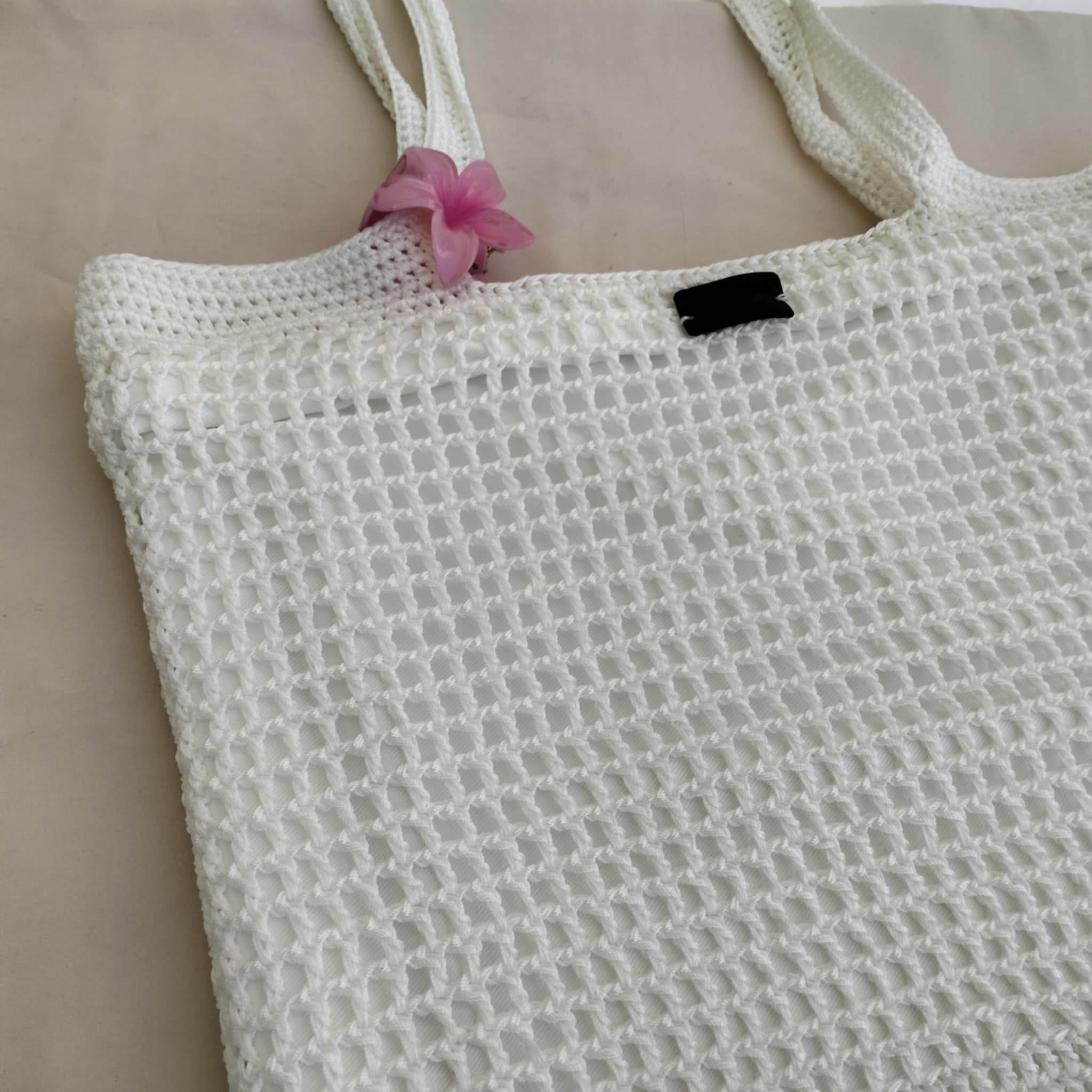 Sac de Plage Crochet Blanc Fil de Soie Fait Main
