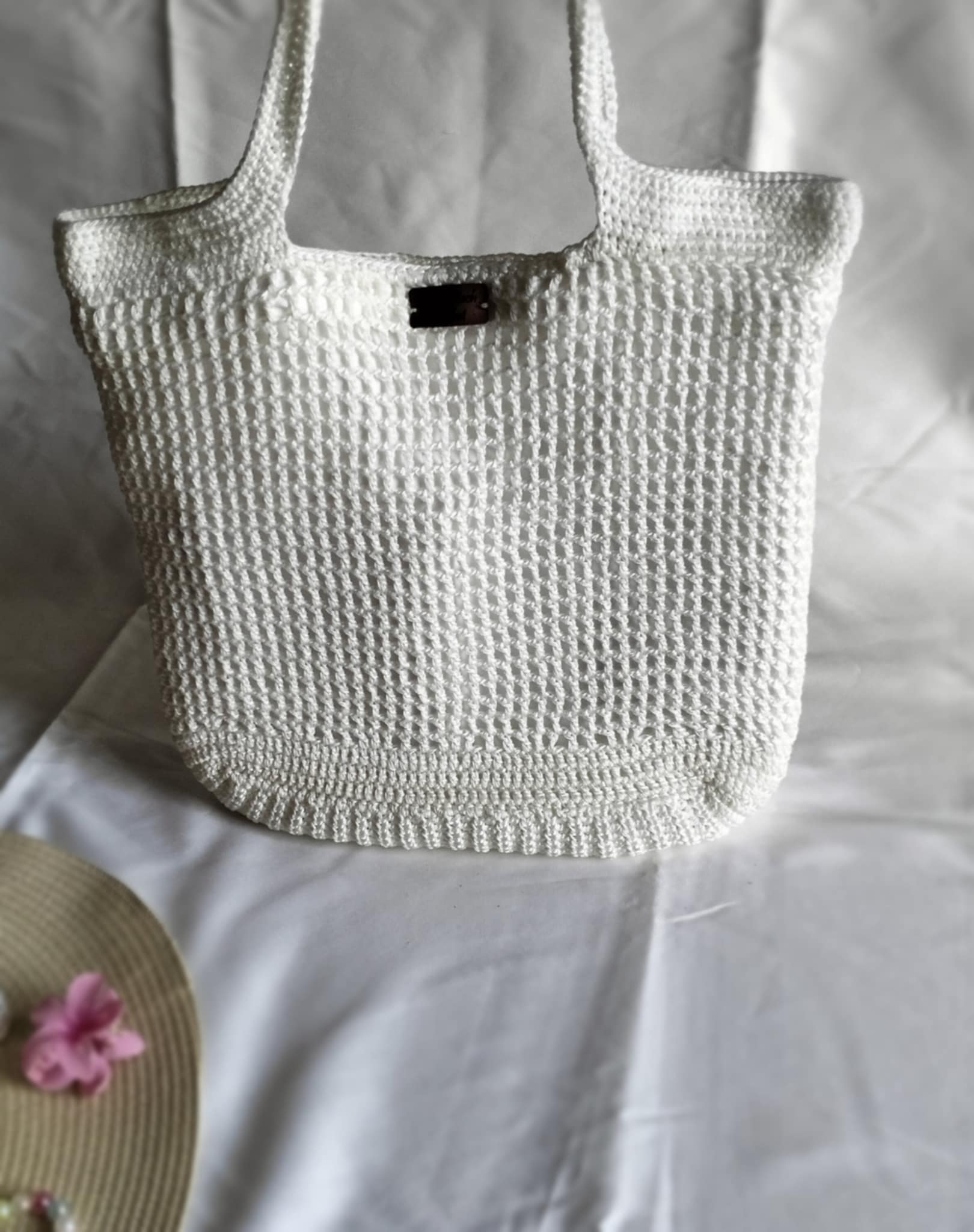 Sac de Plage Crochet Blanc Fil de Soie Fait Main