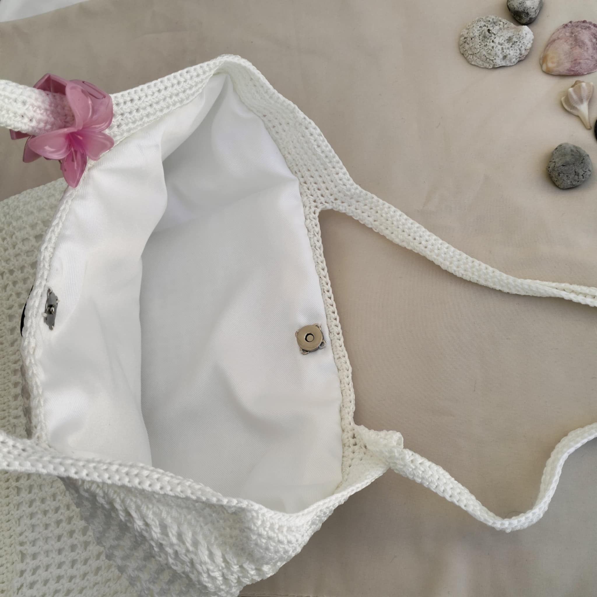 Sac de Plage Crochet Blanc Fil de Soie Fait Main