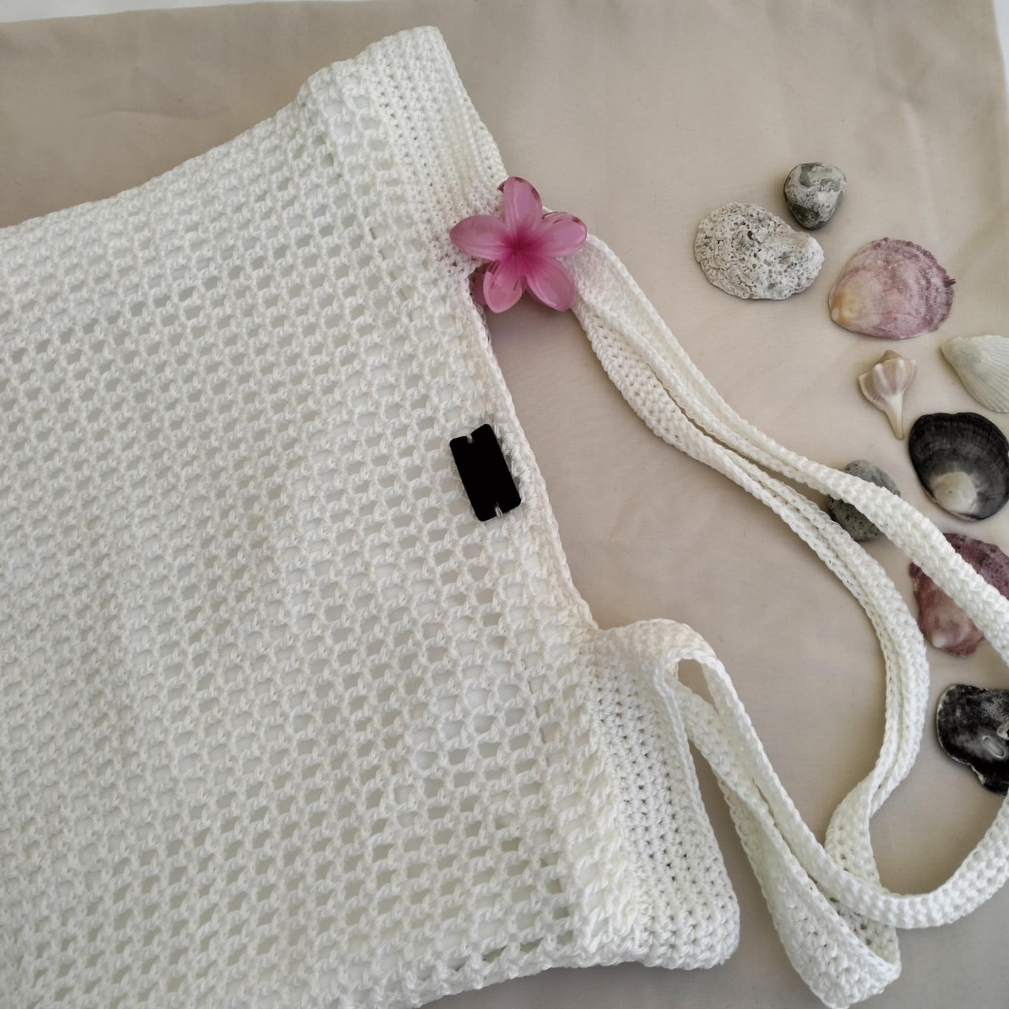 Sac de Plage Crochet Blanc Fil de Soie Fait Main