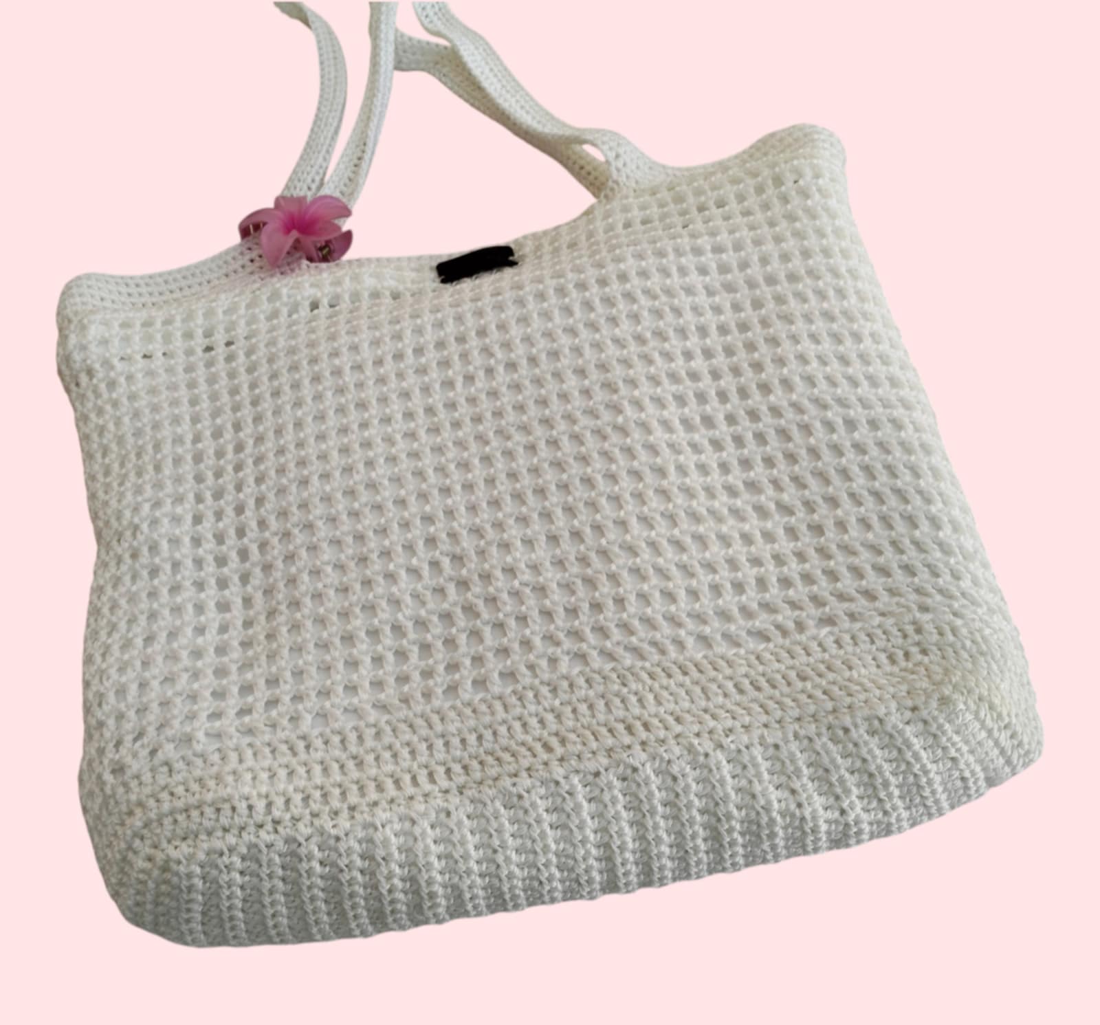Sac de Plage Crochet Blanc Fil de Soie Fait Main
