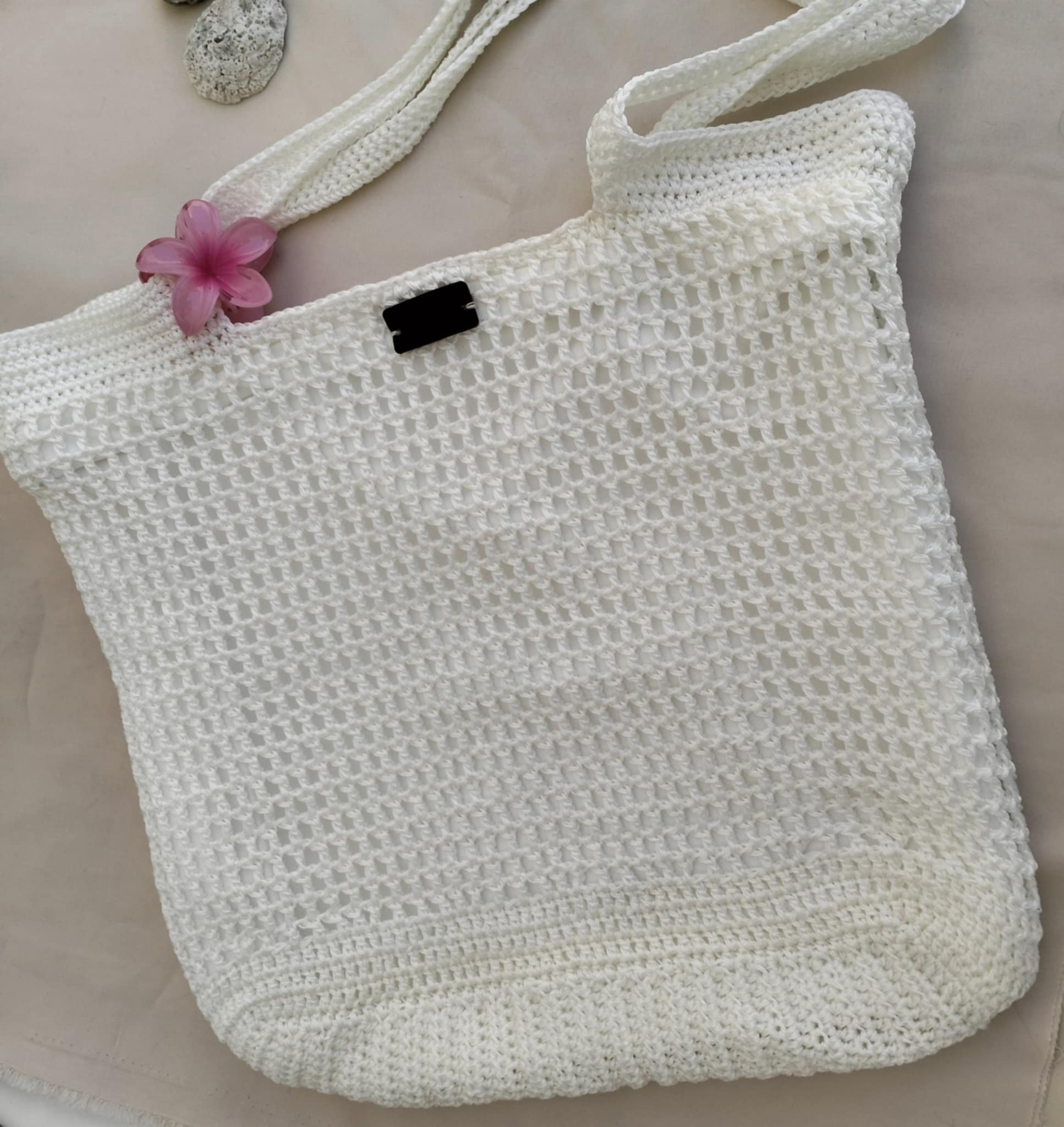 Sac de Plage Crochet Blanc Fil de Soie Fait Main
