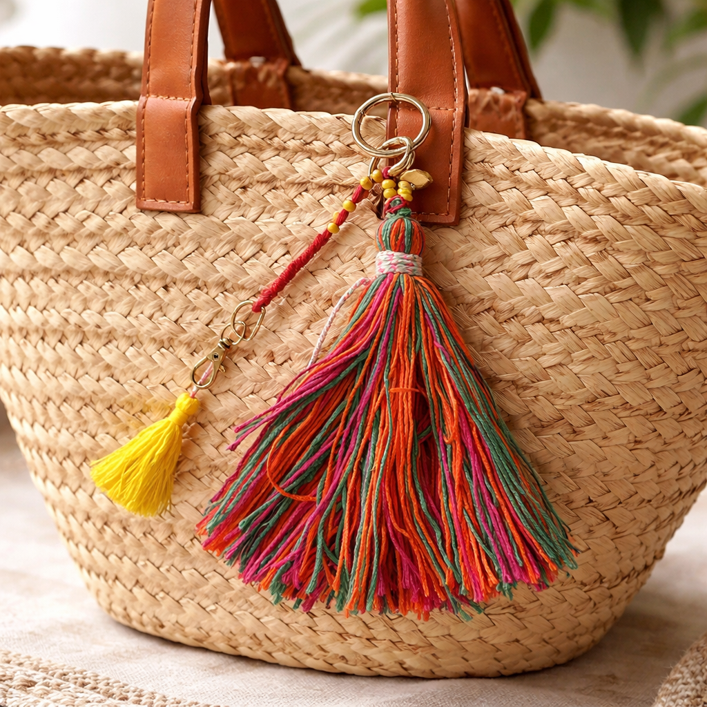 Bijou de sac pompon multicolore – Accessoire artisanal bohème (L 22 cm)