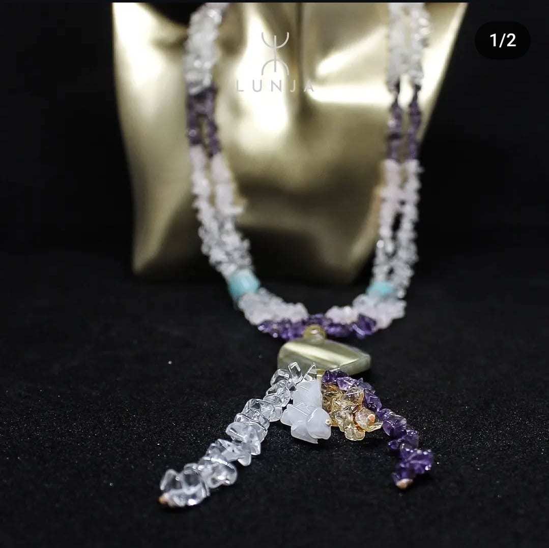Collier sautoir en pierres naturelles (citrine, améthyste, cristal de roche, amazonite et agate)