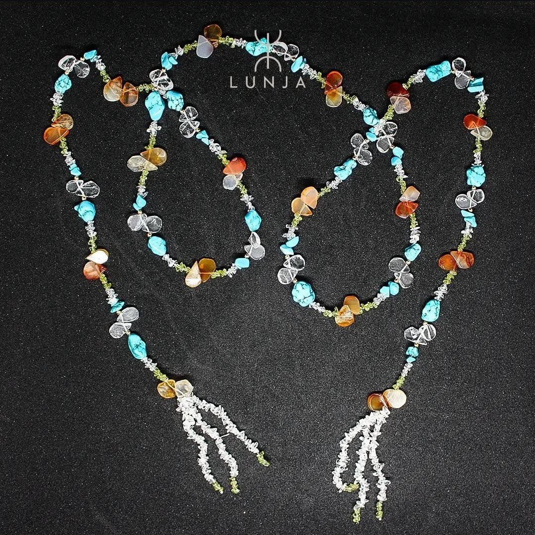 collier sautoir ajustable en cristal de roche, péridot & quartz (1,55 m)