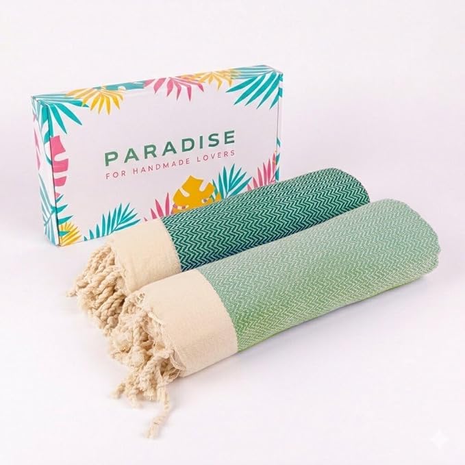 Set de 2 Foutas tunisienne Zigzag 100% coton Bleue Vert & Vert