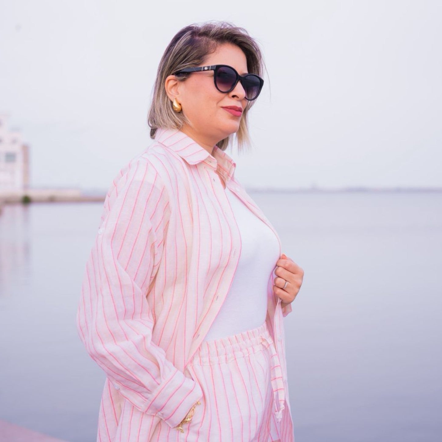 Set en lin beige à rayures