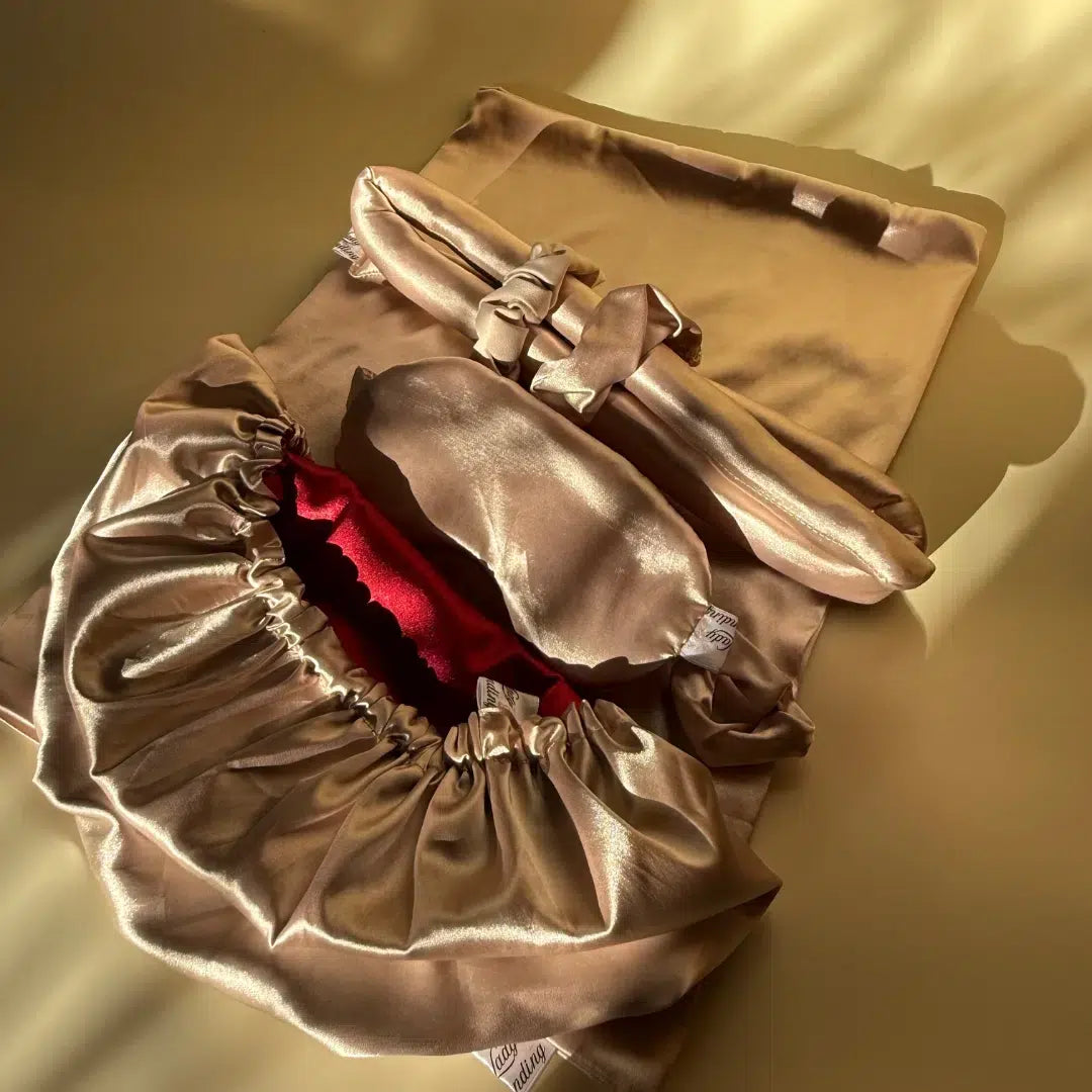 Ensemble Nuit Satin Nude & Rouge - Soin Capillaire Éclat